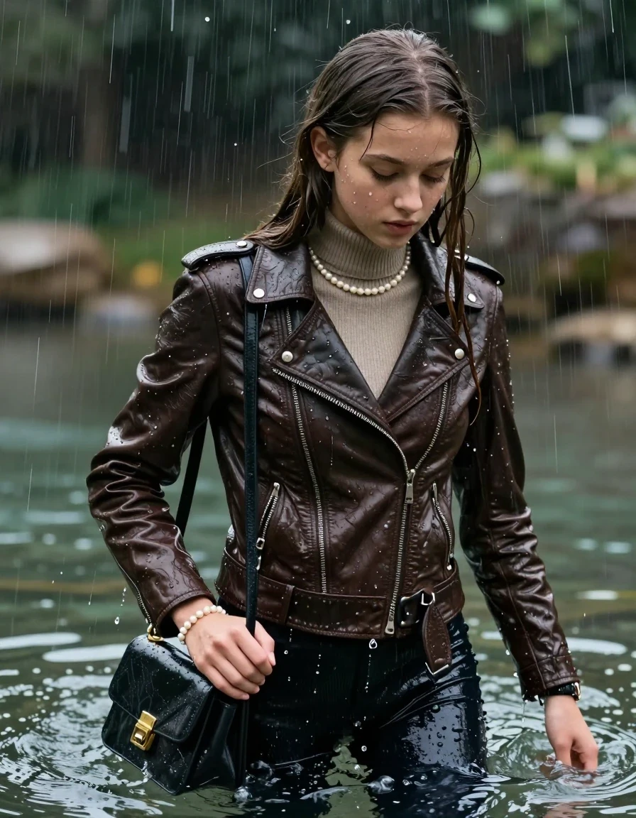photo of young woman, in soaking wet, drenched clothes,
, , biker leatherjacket, Tight knit turtleneck sweater belly free, handbag, pearl necklace, bracelet, wristwatch, splashing in a crystal pond during heavy rain, 
enjoying, wet clothes stuck to body,
detailed textures of the wet clothes, wet face, wet plastered hair,
wet, drenched, professional, high-quality details, full body view.
sharp focus, ultra-high pixel detail, realistic, high-quality, full colors, incredibly detailed, 4k, 8k, 16k, hyper-realistic, RAW photo, masterpiece, ultra-detailed, professionally color graded, professional photograph, sleek long straight hair

15 years old  teenage girl

The girls wear different clothes.

her submerged clothes are hardly vusible under water, she soaked her handbag into the water

her clothing is soaking wet and clinging tightly to her skin, showing heavy wet folds, darkened fabric texture, and deep water-saturated Patches, her clothes are heavy from the water, water runs from her body and her clothes in streams. A lot of water also runs out of her clothes. Her clothes are darkened by the water. Her submerged clothes are good visible under the water.  she soaked her handbag into the water.

close up view, wet skin, wet clothes, wet hair, damp fabric, water runs down the clothes, wet skin, wet clothes, damp fabric. cinematic medium shot, hyper-realistic wetness, high-contrast water sheen, sharp focus, 16k resolution, professional photography, realistic water physics., wet skin, wet clothes, damp fabric, wet skin, wet clothes, damp fabric, wet skin, wet clothes, damp fabric