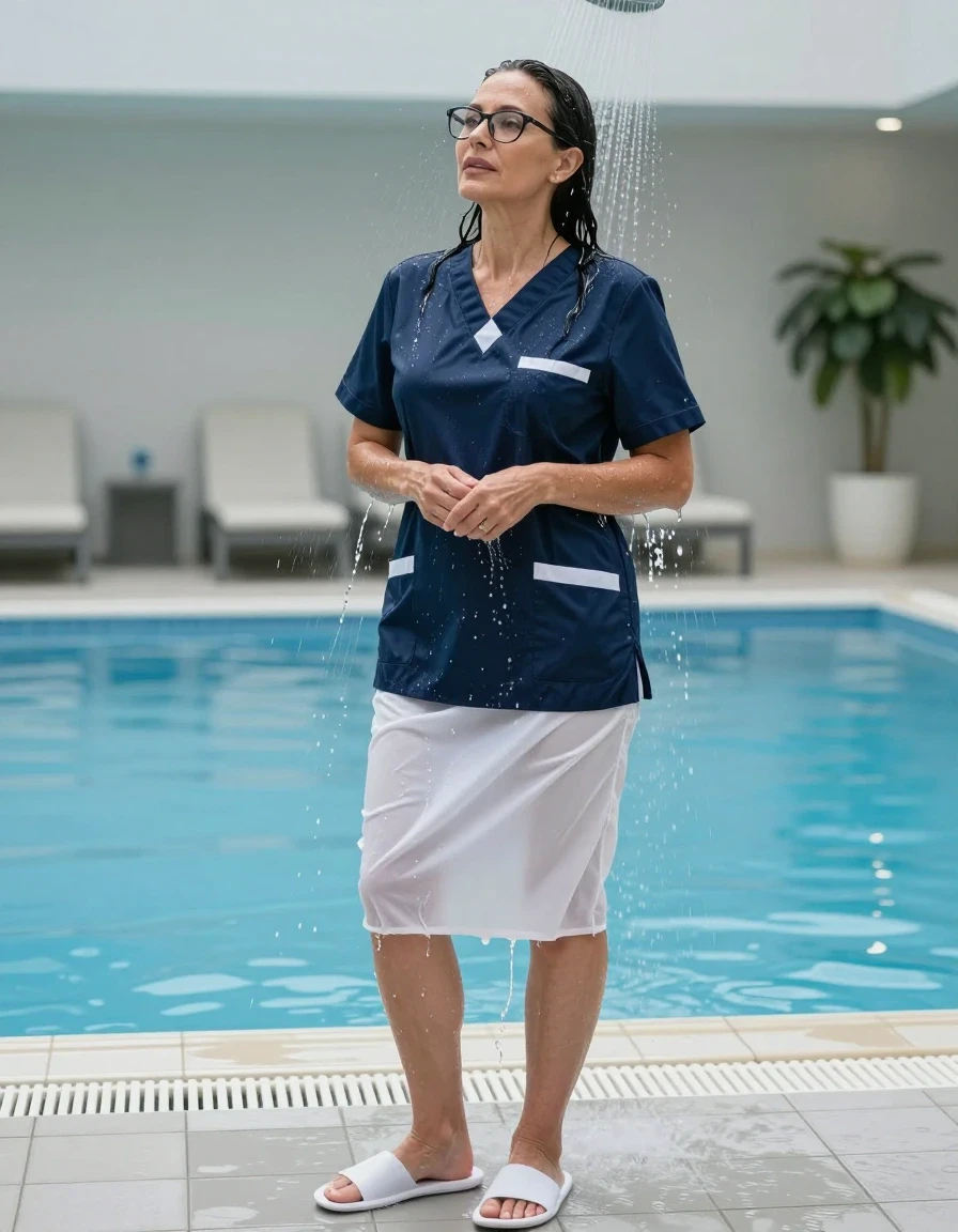 photo of young woman, in soaking wet, drenched clothes,
white slippers, dark blue scrubs with white skirt, dark blue scrubs with white skirt, taking shower after bath in indoor swimming pool, enjoying wet clothes stuck body, enjoying, wet clothes stuck to body, 
enjoying, wet clothes stuck to body,
detailed textures of the wet clothes, wet face, wet plastered hair,
wet, drenched, professional, high-quality details, full body view.
sharp focus, ultra-high pixel detail, realistic, high-quality, full colors, incredibly detailed, 4k, 8k, 16k, hyper-realistic, RAW photo, masterpiece, ultra-detailed, professionally color graded, professional photograph, europen brunette skinny woman 50 years old, long dark black hair, very big and thick lips,  office glasses, complete body, wet skin, wet clothes, damp fabric, wet skin, wet clothes, damp fabric, wet skin, wet clothes, damp fabric, wet skin, wet clothes, damp fabric, wet skin, wet clothes, damp fabric, wet skin, wet clothes, damp fabric, wet skin, wet clothes, damp fabric