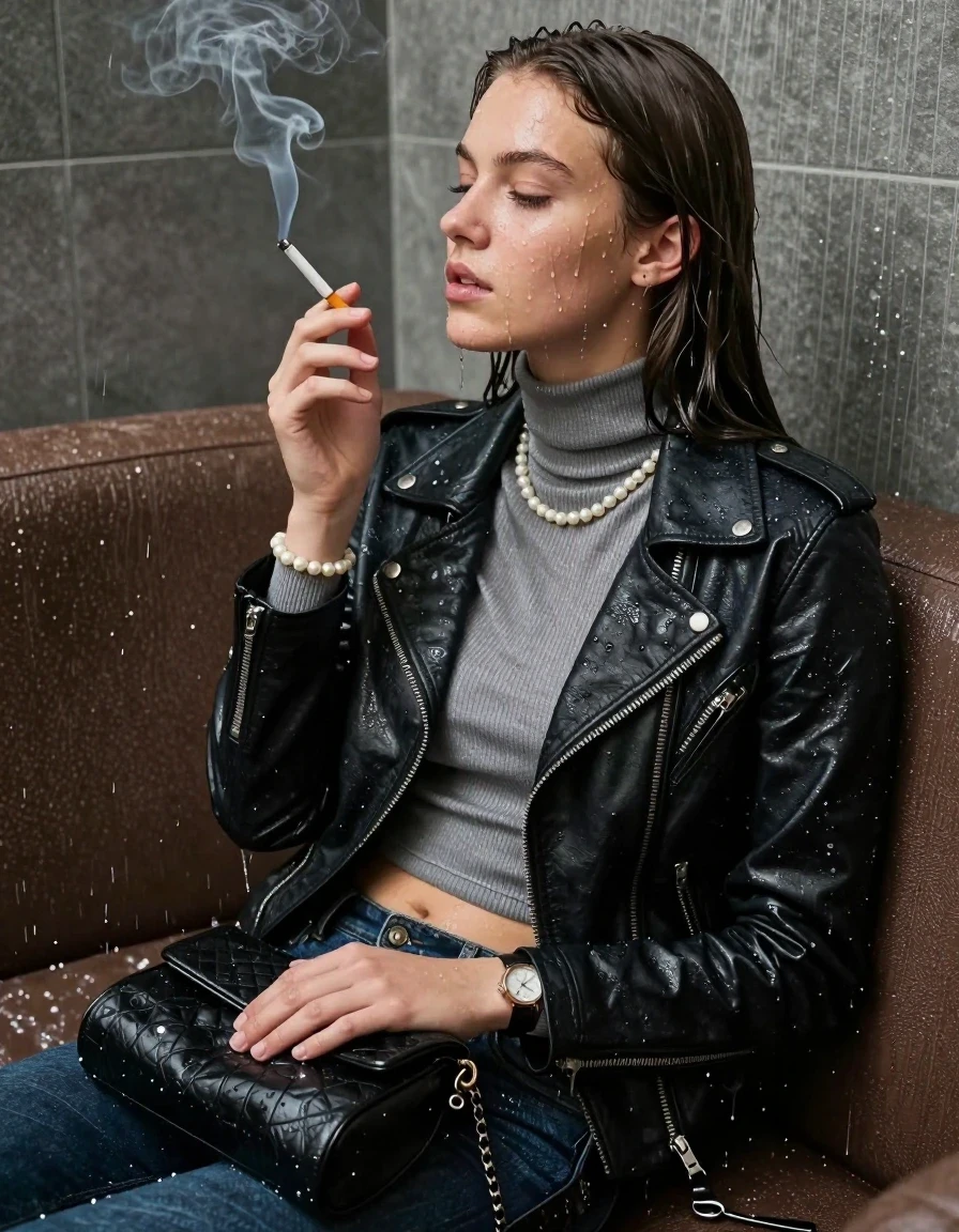 photo of young woman, in soaking wet, drenched clothes,
, , biker leatherjacket, Tight knit turtleneck sweater belly free, handbag, pearl necklace, bracelet, wristwatch, water filled wet room with a submerged brown couch under heavy sprinklers, smoking a cigarette, 
enjoying, wet clothes stuck to body,
detailed textures of the wet clothes, wet face, wet plastered hair,
wet, drenched, professional, high-quality details, full body view.
sharp focus, ultra-high pixel detail, realistic, high-quality, full colors, incredibly detailed, 4k, 8k, 16k, hyper-realistic, RAW photo, masterpiece, ultra-detailed, professionally color graded, professional photograph, sleek long straight hair

15 years old  teenage girl

The girls wear different clothes.

her submerged clothes are hardly vusible under water, she soaked her handbag into the water

her clothing is soaking wet and clinging tightly to her skin, showing heavy wet folds, darkened fabric texture, and deep water-saturated Patches, her clothes are heavy from the water, water runs from her body and her clothes in streams. A lot of water also runs out of her clothes. Her clothes are darkened by the water. Her submerged clothes are good visible under the water.  she soaked her handbag into the water.

close up view, wet skin, wet clothes, wet hair, damp fabric, water runs down the clothes, wet skin, wet clothes, damp fabric. cinematic medium shot, hyper-realistic wetness, high-contrast water sheen, sharp focus, 16k resolution, professional photography, realistic water physics., wet skin, wet clothes, damp fabric, wet skin, wet clothes, damp fabric, wet skin, wet clothes, damp fabric