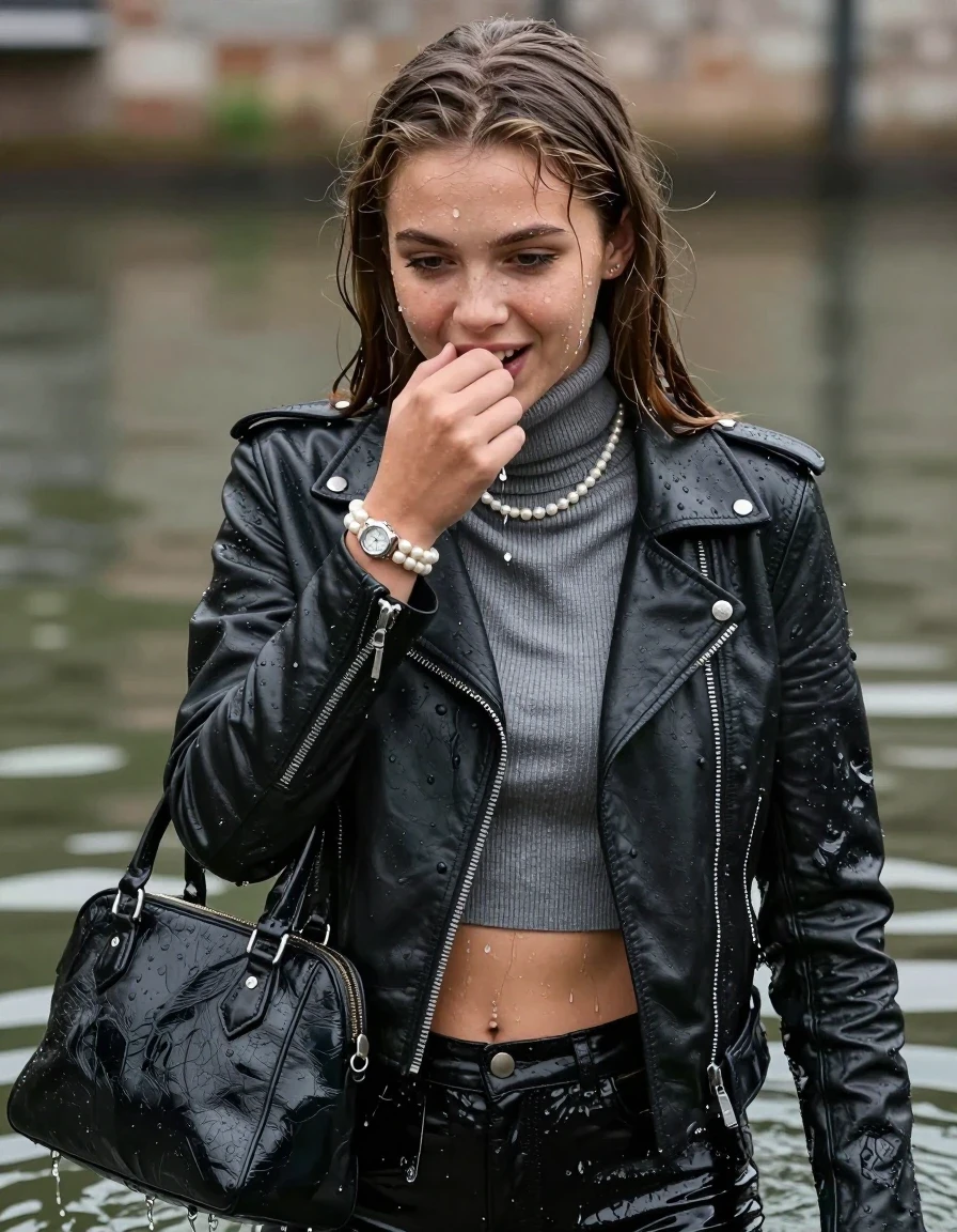 photo of young woman, in soaking wet, drenched clothes,
, , biker leatherjacket, Tight knit turtleneck sweater belly free, handbag, pearl necklace, bracelet, wristwatch, professional wet clothes fetish, 
enjoying, wet clothes stuck to body,
detailed textures of the wet clothes, wet face, wet plastered hair,
wet, drenched, professional, high-quality details, full body view.
sharp focus, ultra-high pixel detail, realistic, high-quality, full colors, incredibly detailed, 4k, 8k, 16k, hyper-realistic, RAW photo, masterpiece, ultra-detailed, professionally color graded, professional photograph, sleek long straight hair

15 years old  teenage girl, shy and awkward, but she giggles anyway.
hold her hand on her mouth.

The girls wear different clothes.

her submerged clothes are hardly vusible under water, she soaked her handbag into the water

her clothing is soaking wet and clinging tightly to her skin, showing heavy wet folds, darkened fabric texture, and deep water-saturated Patches, her clothes are heavy from the water, water runs from her body and her clothes in streams. A lot of water also runs out of her clothes. Her clothes are darkened by the water. Her submerged clothes are good visible under the water.  she soaked her handbag into the water.

close up view, wet skin, wet clothes, wet hair, damp fabric, water runs down the clothes, wet skin, wet clothes, damp fabric. cinematic medium shot, hyper-realistic wetness, high-contrast water sheen, sharp focus, 16k resolution, professional photography, realistic water physics., wet skin, wet clothes, damp fabric, wet skin, wet clothes, damp fabric, wet skin, wet clothes, damp fabric