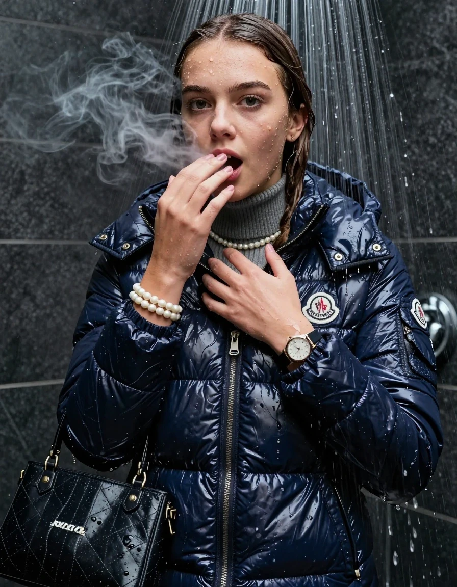 photo of young woman, in soaking wet, drenched clothes,
, , moncler shiny puffer down jacket, Tight knit turtleneck sweater belly free, handbag, pearl necklace, bracelet, wristwatch, soaked and in ecstacy in the shower Smoking, 
enjoying, wet clothes stuck to body,
detailed textures of the wet clothes, wet face, wet plastered hair,
wet, drenched, professional, high-quality details, full body view.
sharp focus, ultra-high pixel detail, realistic, high-quality, full colors, incredibly detailed, 4k, 8k, 16k, hyper-realistic, RAW photo, masterpiece, ultra-detailed, professionally color graded, professional photograph, sleek long straight hair

15 years old  teenage girl

Only head and shoulders are over the surface visible. Looking at camera. 

The girls wear different clothes.

shocked and astonished expression. 

her submerged clothes are hardly vusible under water, she soaked her handbag into the water

her clothing is soaking wet and clinging tightly to her skin, showing heavy wet folds, darkened fabric texture, and deep water-saturated Patches, her clothes are heavy from the water, water runs from her body and her clothes in streams. A lot of water also runs out of her clothes. Her clothes are darkened by the water. Her submerged clothes are good visible under the water.  she soaked her handbag into the water.

close up view, wet skin, wet clothes, wet hair, damp fabric, water runs down the clothes, wet skin, wet clothes, damp fabric. cinematic medium shot, hyper-realistic wetness, high-contrast water sheen, sharp focus, 16k resolution, professional photography, realistic water physics., wet skin, wet clothes, damp fabric, wet skin, wet clothes, damp fabric, wet skin, wet clothes, damp fabric, wet skin, wet clothes, damp fabric
