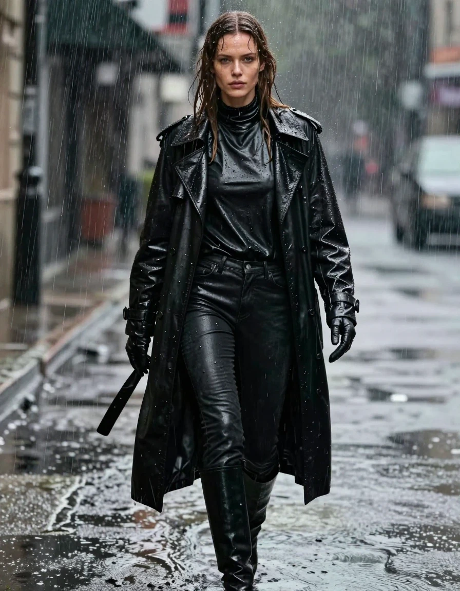 A photorealistic full-body shot of a young adult European woman with long, dripping wet brown hair, walking through a torrential downpour. She is wearing an oversized black leather polar neck shirt, a heavy black leather trench coat, black leather jeans, and black leather knee-high boots, with leather gloves on both hands. Her skin is glistening with rain, and her clothes are visibly drenched, featuring deep, dark soaked patches, heavy fabric folds, and a glossy water sheen clinging to the leather surfaces. The scene is set in heavy rain, with water streaming off her silhouette. High-contrast lighting captures the wet texture of the skin and the reflective, saturated quality of the wet leather. The image maintains a focus on realistic clothing textures and textures of damp fabric, ensuring fully clothed, non-nude representation throughout.
