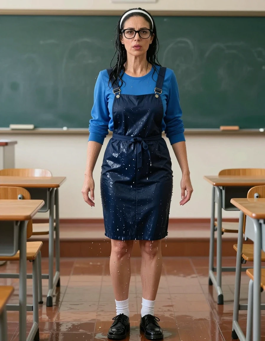 photo of young woman, in soaking wet, drenched clothes,
black shoes, white socks, DARK blue school tight pinafore over a blue long-sleeved shirt, DARK blue school tight pinafore over a blue long-sleeved shirt, in classroom, enjoying wet clothes stuck body, enjoying, wet clothes stuck to body, 
enjoying, wet clothes stuck to body,
detailed textures of the wet clothes, wet face, wet plastered hair,
wet, drenched, professional, high-quality details, full body view.
sharp focus, ultra-high pixel detail, realistic, high-quality, full colors, incredibly detailed, 4k, 8k, 16k, hyper-realistic, RAW photo, masterpiece, ultra-detailed, professionally color graded, professional photograph, europen brunette skinny woman 50 years old, long dark black hair, very big and thick lips,  office glasses, white headband, complete body, wet skin, wet clothes, damp fabric, wet skin, wet clothes, damp fabric, wet skin, wet clothes, damp fabric, wet skin, wet clothes, damp fabric, wet skin, wet clothes, damp fabric, wet skin, wet clothes, damp fabric, wet skin, wet clothes, damp fabric