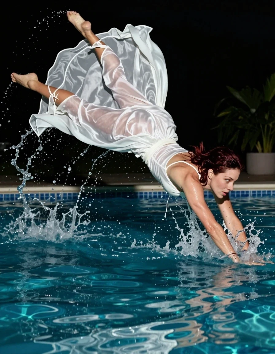 A professional, cinematic, vertical fashion photograph of an adult woman with shoulder-length dark auburn hair diving into a swimming pool at night. She is wearing a sheer white silk slip dress that is beginning to billow and cling as she hits the water. The scene is captured at the moment of impact with water droplets spraying in the air and the pool lights creating reflections on the surface. The mood is daring and energetic, with a focus on the movement of the fabric and the splash. High-quality, sharp detail, fashion magazine aesthetic.