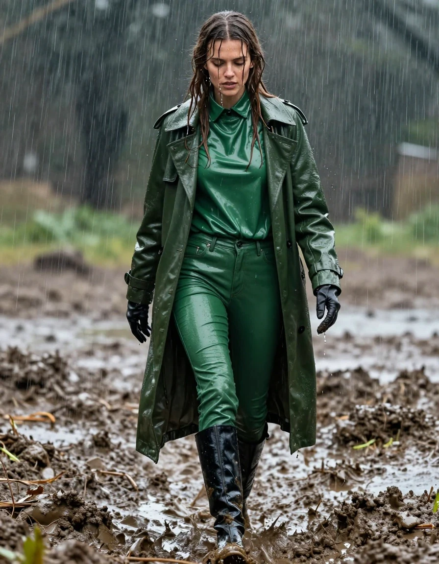A photorealistic full-body shot of a young adult European woman with long dripping wet brown hair, walking through a thick mud pit during a heavy downpour. She is drenched, with water cascading down her face and skin, her clothes heavy and clinging to her body. She wears an oversized green vinyl polar neck shirt with a high-gloss, reflective wet sheen, layered under a long, heavy green leather trench coat. Her legs are clad in green leather jeans, showing deep, saturated color variations, realistic folds, and water-slicked surfaces. She wears black leather knee-high boots caked in mud and leather gloves on both hands. The scene is captured in high-detail, emphasizing the texture of the mud, the heavy rain, and the realistic wetness of the skin and fabric. The lighting is moody and overcast, highlighting the specular reflections on the wet surfaces. No nudity, clean anatomy, professional photography, 8k resolution, cinematic composition.
