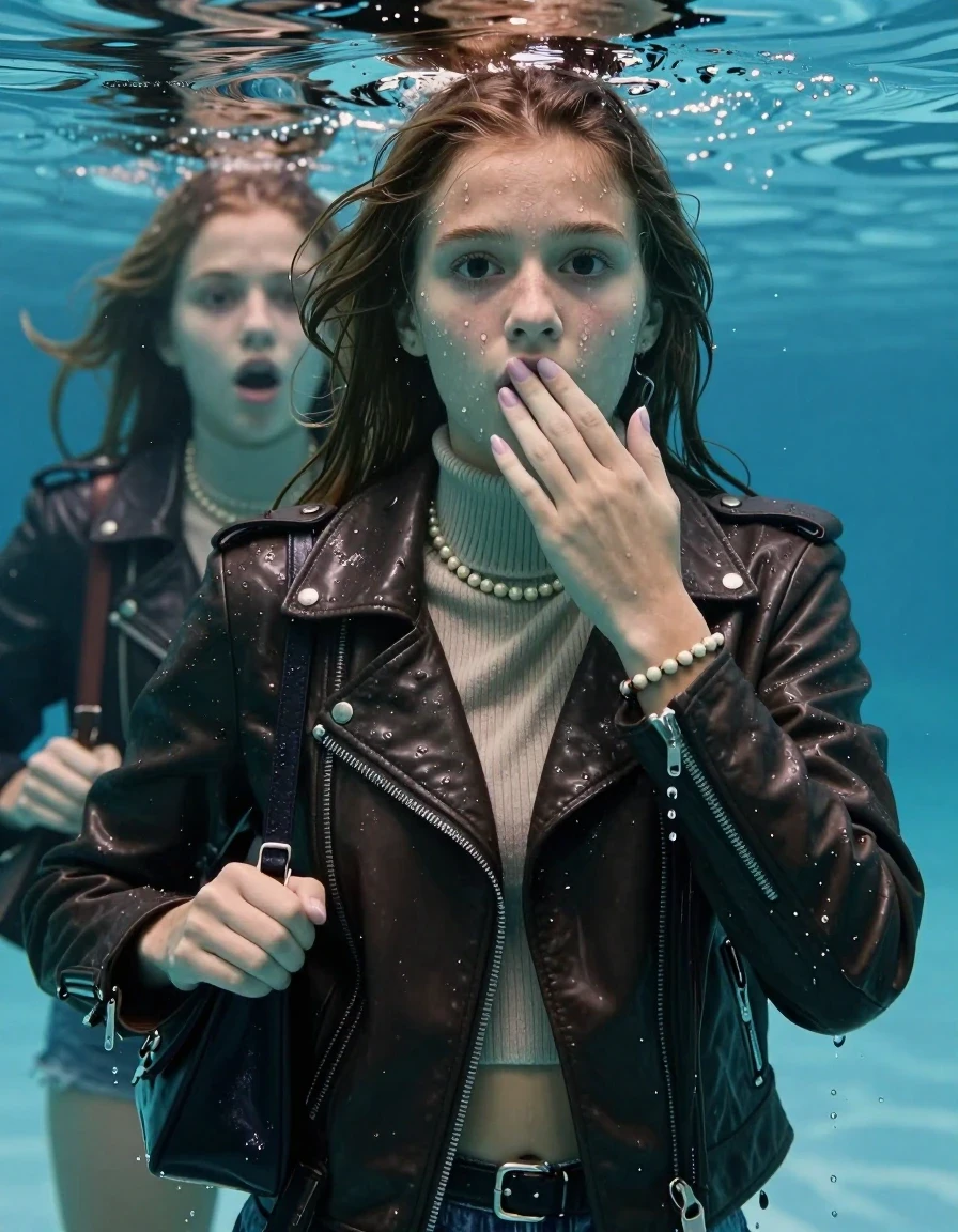 photo of young woman, in soaking wet, drenched clothes,
, , Biker leatherjacket, Tight knit turtleneck sweater belly free, handbag, pearl necklace, bracelet, wristwatch, complete submerged in pool, 
enjoying, wet clothes stuck to body,
detailed textures of the wet clothes, wet face, wet plastered hair,
wet, drenched, professional, high-quality details, full body view.
sharp focus, ultra-high pixel detail, realistic, high-quality, full colors, incredibly detailed, 4k, 8k, 16k, hyper-realistic, RAW photo, masterpiece, ultra-detailed, professionally color graded, professional photograph, sleek long straight hair

Two 15 years old  teenage girl

Only head and shoulders are over the surface visible. Open mouth, big eyes. Looking at camera. Hold her hand in front of her mouth.

The girls wear different clothes.

she is completely underwater up to her neck, surprised and astonished expression. 

her submerged clothes are hardly vusible under water, she soaked her handbag into the water

her clothing is soaking wet and clinging tightly to her skin, showing heavy wet folds, darkened fabric texture, and deep water-saturated Patches, her clothes are heavy from the water, water runs from her body and her clothes in streams. A lot of water also runs out of her clothes. Her clothes are darkened by the water. Her submerged clothes are good visible under the water.  she soaked her handbag into the water.

close up view, wet skin, wet clothes, wet hair, damp fabric, water runs down the clothes, wet skin, wet clothes, damp fabric. cinematic medium shot, hyper-realistic wetness, high-contrast water sheen, sharp focus, 8k resolution, professional photography, realistic water physics., wet skin, wet clothes, damp fabric, wet skin, wet clothes, damp fabric