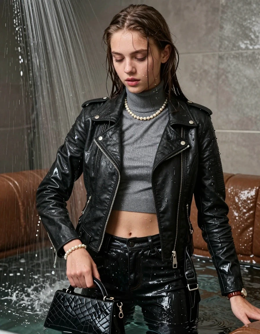 photo of young woman, in soaking wet, drenched clothes,
, , biker leatherjacket, Tight knit turtleneck sweater belly free, handbag, pearl necklace, bracelet, wristwatch, water filled wet room with a submerged brown couch under heavy sprinklers, 
enjoying, wet clothes stuck to body,
detailed textures of the wet clothes, wet face, wet plastered hair,
wet, drenched, professional, high-quality details, full body view.
sharp focus, ultra-high pixel detail, realistic, high-quality, full colors, incredibly detailed, 4k, 8k, 16k, hyper-realistic, RAW photo, masterpiece, ultra-detailed, professionally color graded, professional photograph, sleek long straight hair

15 years old  teenage girl

The girls wear different clothes.

her submerged clothes are hardly vusible under water, she soaked her handbag into the water

her clothing is soaking wet and clinging tightly to her skin, showing heavy wet folds, darkened fabric texture, and deep water-saturated Patches, her clothes are heavy from the water, water runs from her body and her clothes in streams. A lot of water also runs out of her clothes. Her clothes are darkened by the water. Her submerged clothes are good visible under the water.  she soaked her handbag into the water.

close up view, wet skin, wet clothes, wet hair, damp fabric, water runs down the clothes, wet skin, wet clothes, damp fabric. cinematic medium shot, hyper-realistic wetness, high-contrast water sheen, sharp focus, 16k resolution, professional photography, realistic water physics., wet skin, wet clothes, damp fabric, wet skin, wet clothes, damp fabric, wet skin, wet clothes, damp fabric