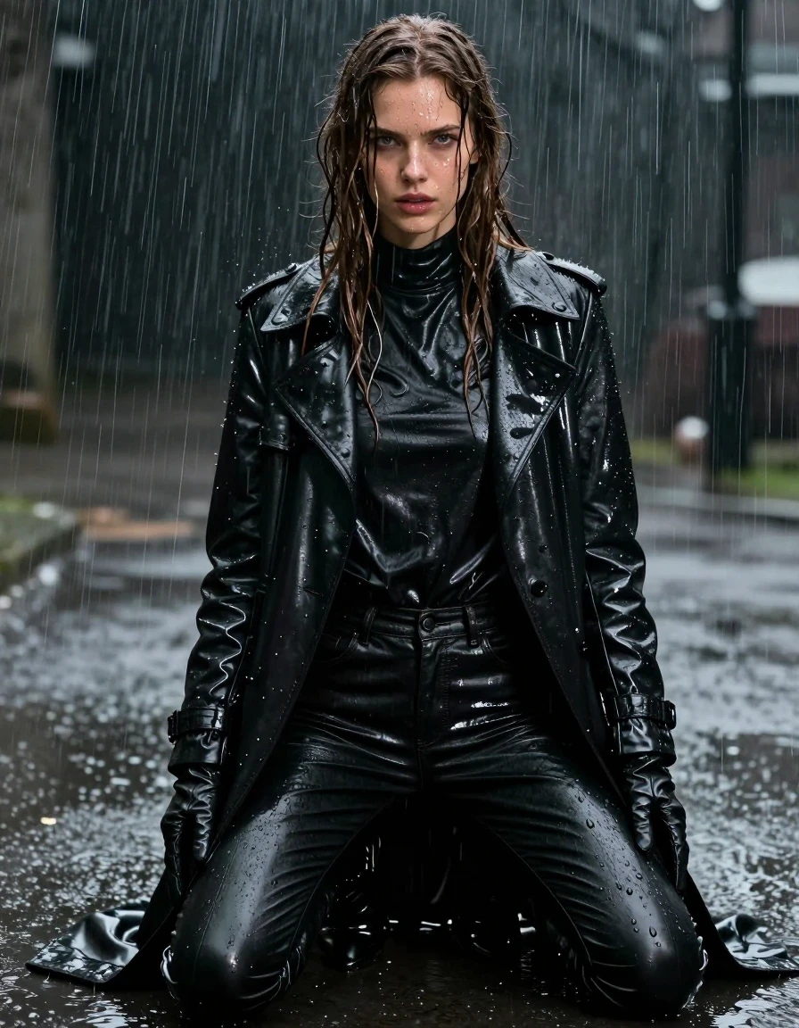 A photorealistic full-body shot of a young adult European woman with long, soaking-wet brown hair plastered against her face and shoulders, standing in heavy rain. Her skin is glistening with water, featuring realistic pores and a damp, dewy texture. She is wearing an oversize black leather polar neck shirt, black leather jeans, a long black leather trench coat, and black leather gloves on both hands. She is kneeling on the wet ground, drenched in a downpour. The black leather clothing is saturated, displaying heavy wet folds, deep creases, and intense glossy specular reflections where the rain hits the material. She is wearing black leather knee-high boots that are slick and reflective. The scene is set in a dark, atmospheric outdoor location during a storm, with water streaming down her body and clothes, creating a heavy, drenched appearance. High-contrast cinematic lighting, 8k resolution, hyper-detailed textures, sharp focus on the wet fabric and hair.