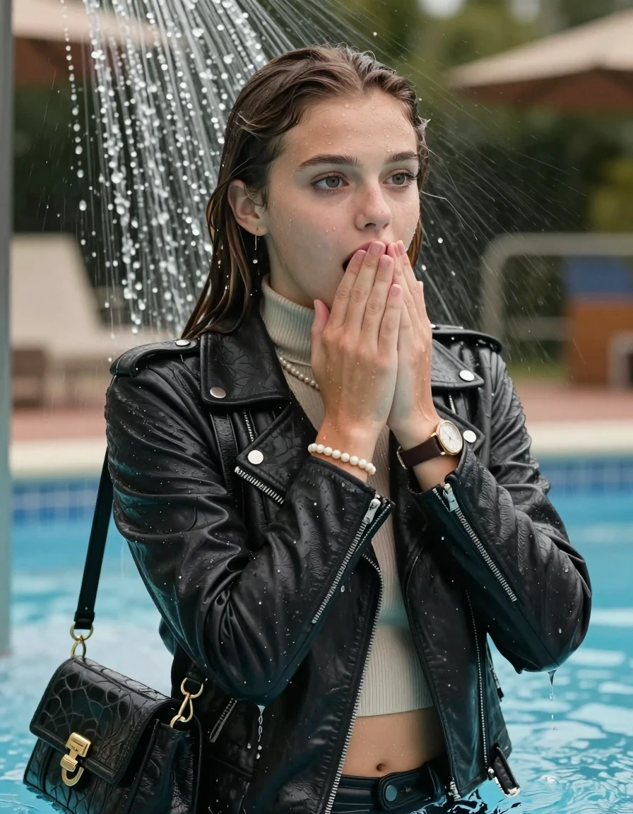 photo of young woman, in soaking wet, drenched clothes,
, , Biker leatherjacket, Tight knit turtleneck sweater belly free, handbag, pearl necklace, bracelet, wristwatch, poolside shower in waterpark, 
enjoying, wet clothes stuck to body,
detailed textures of the wet clothes, wet face, wet plastered hair,
wet, drenched, professional, high-quality details, full body view.
sharp focus, ultra-high pixel detail, realistic, high-quality, full colors, incredibly detailed, 4k, 8k, 16k, hyper-realistic, RAW photo, masterpiece, ultra-detailed, professionally color graded, professional photograph, sleek long straight hair

19 years old  teenage girl

Only head and shoulders are over the surface visible. Open mouth, big eyes. Looking at camera. Hold her hands over her mouth.

The girls wear different clothes.

she is completely underwater up to her neck, surprised and astonished expression. 

her submerged clothes are hardly vusible under water, she soaked her handbag into the water

her clothing is soaking wet and clinging tightly to her skin, showing heavy wet folds, darkened fabric texture, and deep water-saturated Patches, her clothes are heavy from the water, water runs from her body and her clothes in streams. A lot of water also runs out of her clothes. Her clothes are darkened by the water. Her submerged clothes are good visible under the water.  she soaked her handbag into the water.

close up view, wet skin, wet clothes, wet hair, damp fabric, water runs down the clothes, wet skin, wet clothes, damp fabric. cinematic medium shot, hyper-realistic wetness, high-contrast water sheen, sharp focus, 16k resolution, professional photography, realistic water physics., wet skin, wet clothes, damp fabric, wet skin, wet clothes, damp fabric