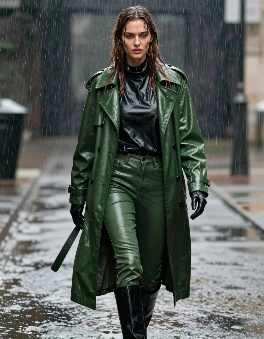 A photorealistic full-body portrait of a young adult European woman with long, dripping wet brown hair, walking through a heavy downpour. She is wearing an oversized black leather polar neck shirt, layered under a long green leather trench coat, with matching green leather jeans and black leather knee-high boots. She wears fitted leather gloves on both hands. Her skin and clothing are visibly drenched, with the leather textures appearing dark, heavy, and slick with water sheen, showing deep folds and clinging to her form. The heavy rain creates a wet, glistening environment with water running down her face and hair. The lighting captures strong specular highlights on the saturated leather surfaces and wet skin. The scene is captured with sharp focus, realistic textures, and high-contrast atmospheric depth, maintaining full clothing coverage throughout.