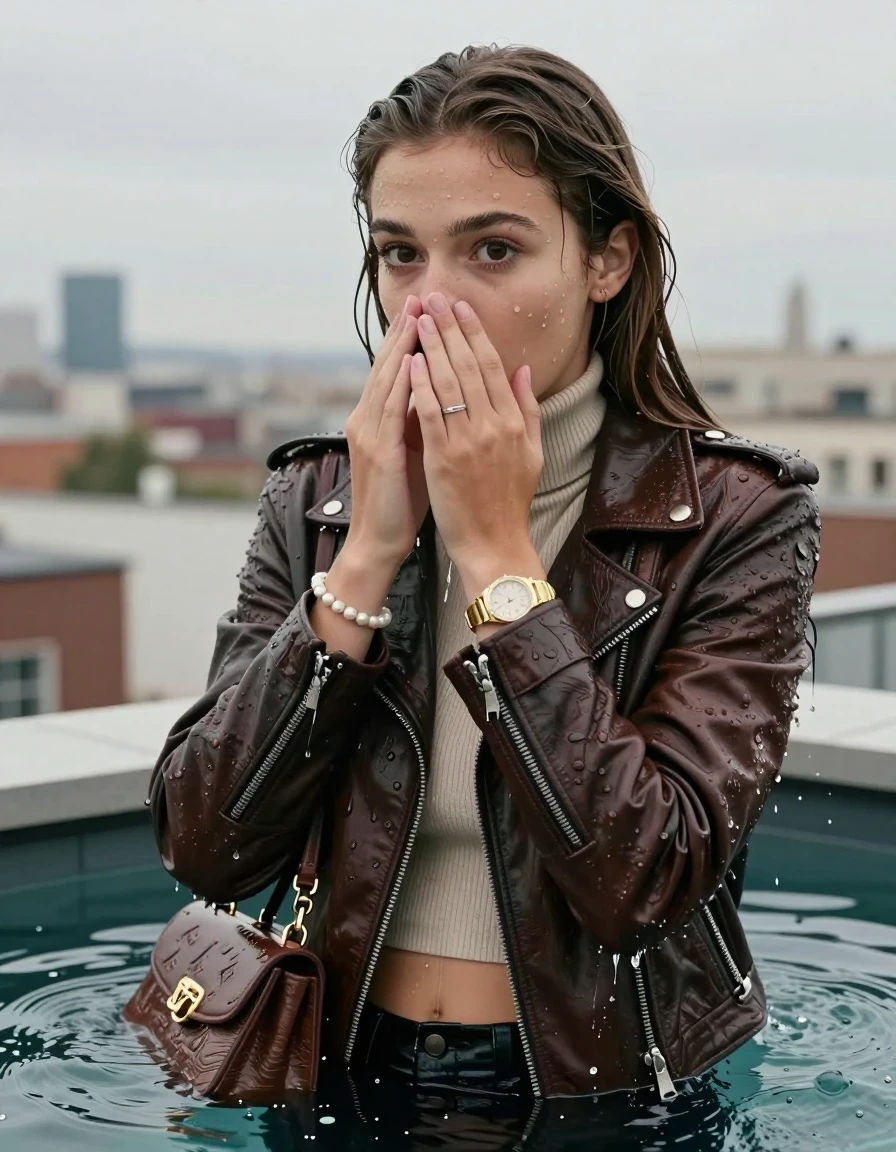 photo of young woman, in soaking wet, drenched clothes,
, , Biker leatherjacket, Tight knit turtleneck sweater belly free, handbag, pearl necklace, bracelet, wristwatch, rooftop bar with stunning city views, 
enjoying, wet clothes stuck to body,
detailed textures of the wet clothes, wet face, wet plastered hair,
wet, drenched, professional, high-quality details, full body view.
sharp focus, ultra-high pixel detail, realistic, high-quality, full colors, incredibly detailed, 4k, 8k, 16k, hyper-realistic, RAW photo, masterpiece, ultra-detailed, professionally color graded, professional photograph, sleek long straight hair

19 years old  teenage girl

Only head and shoulders are over the surface visible. Open mouth, big eyes. Looking at camera. Hold her hands over her nose.

The girls wear different clothes.

she is completely underwater up to her neck, surprised and astonished expression. 

her submerged clothes are hardly vusible under water, she soaked her handbag into the water

her clothing is soaking wet and clinging tightly to her skin, showing heavy wet folds, darkened fabric texture, and deep water-saturated Patches, her clothes are heavy from the water, water runs from her body and her clothes in streams. A lot of water also runs out of her clothes. Her clothes are darkened by the water. Her submerged clothes are good visible under the water.  she soaked her handbag into the water.

close up view, wet skin, wet clothes, wet hair, damp fabric, water runs down the clothes, wet skin, wet clothes, damp fabric. cinematic medium shot, hyper-realistic wetness, high-contrast water sheen, sharp focus, 16k resolution, professional photography, realistic water physics., wet skin, wet clothes, damp fabric, wet skin, wet clothes, damp fabric