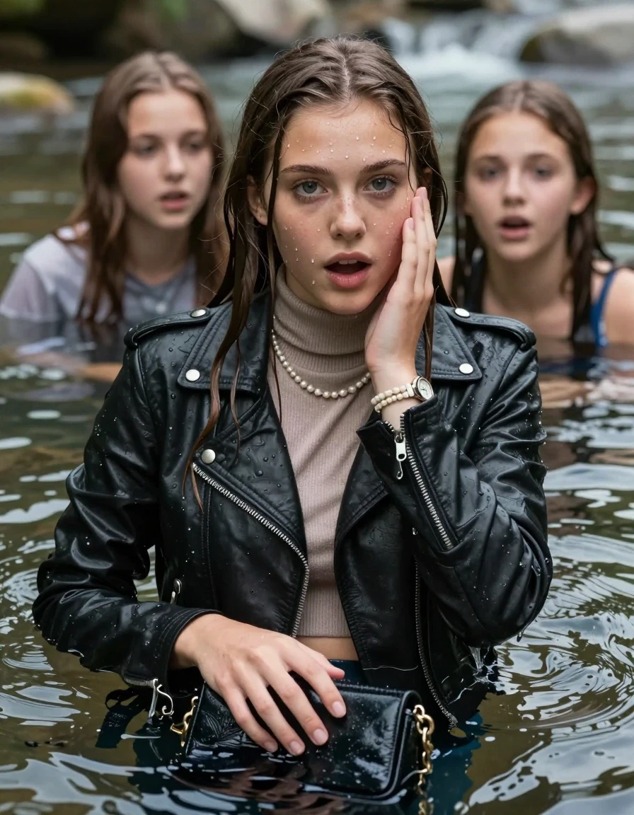 photo of young woman, in soaking wet, drenched clothes,
, , Biker leatherjacket, Tight knit turtleneck sweater belly free, handbag, pearl necklace, bracelet, wristwatch, swimming in the river, 
enjoying, wet clothes stuck to body,
detailed textures of the wet clothes, wet face, wet plastered hair,
wet, drenched, professional, high-quality details, full body view.
sharp focus, ultra-high pixel detail, realistic, high-quality, full colors, incredibly detailed, 4k, 8k, 16k, hyper-realistic, RAW photo, masterpiece, ultra-detailed, professionally color graded, professional photograph, sleek long straight hair

Two 15 years old  teenage girl

Only head and shoulders are over the surface visible. Open mouth, big eyes. Looking at camera. Hold her hand in front of her cheek.

The girls wear different clothes.

she is completely underwater up to her neck, surprised and astonished expression. 

her submerged clothes are hardly vusible under water, she soaked her handbag into the water

her clothing is soaking wet and clinging tightly to her skin, showing heavy wet folds, darkened fabric texture, and deep water-saturated Patches, her clothes are heavy from the water, water runs from her body and her clothes in streams. A lot of water also runs out of her clothes. Her clothes are darkened by the water. Her submerged clothes are good visible under the water.  she soaked her handbag into the water.

close up view, wet skin, wet clothes, wet hair, damp fabric, water runs down the clothes, wet skin, wet clothes, damp fabric. cinematic medium shot, hyper-realistic wetness, high-contrast water sheen, sharp focus, 8k resolution, professional photography, realistic water physics., wet skin, wet clothes, damp fabric, wet skin, wet clothes, damp fabric