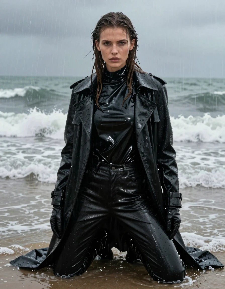 A photorealistic portrait of a young adult European woman with long dripping wet brown hair and glistening wet skin, kneeling in the shallow waves at a beach during a heavy rainstorm. She is wearing black leather jeans that are visibly soaked and clinging to her legs with a heavy sheen, an oversize black vinyl polar neck shirt, a long black vinyl trench coat that is drenched and heavy with water, and black leather knee-high boots with matching leather gloves on both hands. The wet vinyl and leather garments exhibit strong specular highlights and deep, dark tones from the constant downpour. The scene is captured in high detail, emphasizing the damp fabric textures, water running down her skin, and the realistic weight of the soaked clothing. The environment features moody, overcast lighting, crashing waves, and heavy rain streaks, shot with a shallow depth of field to highlight the subject's intense expression. The image is strictly non-nude, focusing on high-fashion wet-look textures and atmospheric realism.