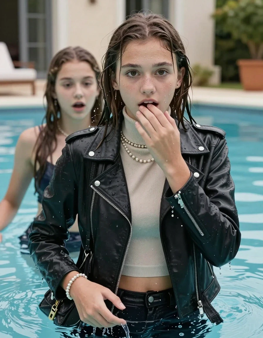 photo of young woman, in soaking wet, drenched clothes,
, , Biker leatherjacket, Tight knit turtleneck sweater belly free, handbag, pearl necklace, bracelet, wristwatch, large and deep pool in front of a villa, 
enjoying, wet clothes stuck to body,
detailed textures of the wet clothes, wet face, wet plastered hair,
wet, drenched, professional, high-quality details, full body view.
sharp focus, ultra-high pixel detail, realistic, high-quality, full colors, incredibly detailed, 4k, 8k, 16k, hyper-realistic, RAW photo, masterpiece, ultra-detailed, professionally color graded, professional photograph, sleek long straight hair

Two 15 years old  teenage girl

Only head and shoulders are over the surface visible. Open mouth, big eyes. Looking at camera. Hold her hand in front of her mouth.

The girls wear different clothes.

she is completely underwater up to her neck, surprised and astonished expression. 

her submerged clothes are hardly vusible under water, she soaked her handbag into the water

her clothing is soaking wet and clinging tightly to her skin, showing heavy wet folds, darkened fabric texture, and deep water-saturated Patches, her clothes are heavy from the water, water runs from her body and her clothes in streams. A lot of water also runs out of her clothes. Her clothes are darkened by the water. Her submerged clothes are good visible under the water.  she soaked her handbag into the water.

close up view, wet skin, wet clothes, wet hair, damp fabric, water runs down the clothes, wet skin, wet clothes, damp fabric. cinematic medium shot, hyper-realistic wetness, high-contrast water sheen, sharp focus, 8k resolution, professional photography, realistic water physics., wet skin, wet clothes, damp fabric, wet skin, wet clothes, damp fabric