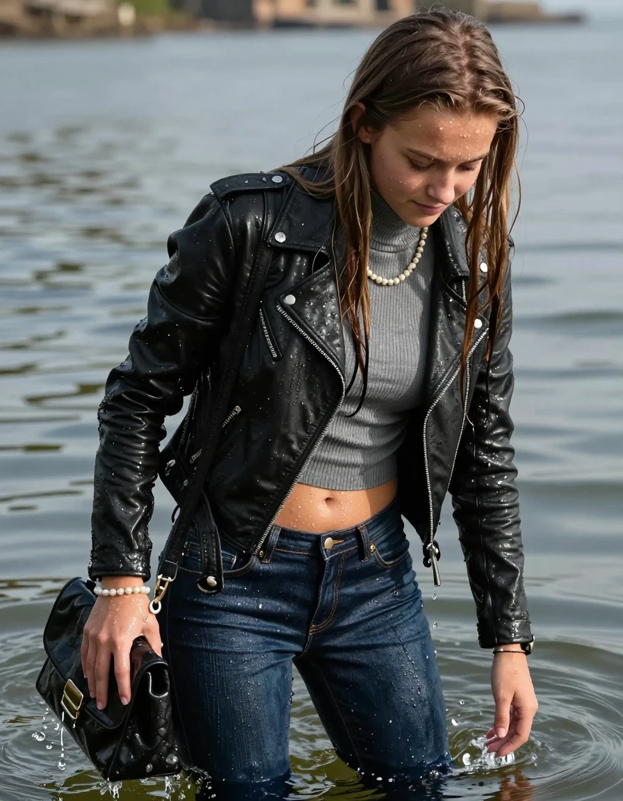 photo of young woman, in soaking wet, drenched clothes,
, tight skinny jeans, biker leatherjacket, Tight knit turtleneck sweater belly free, shoulderbag, pearl necklace, bracelet, wristwatch, diving, 
enjoying, wet clothes stuck to body,
detailed textures of the wet clothes, wet face, wet plastered hair,
wet, drenched, professional, high-quality details, full body view.
sharp focus, ultra-high pixel detail, realistic, high-quality, full colors, incredibly detailed, 4k, 8k, 16k, hyper-realistic, RAW photo, masterpiece, ultra-detailed, professionally color graded, professional photograph, sleek long straight hair

15 years old  teenage girl, shy and awkward, but she giggles anyway.


The girls wear different clothes.

her submerged clothes are hardly vusible under water, she soaked her handbag into the water

her clothing is soaking wet and clinging tightly to her skin, showing heavy wet folds, darkened fabric texture, and deep water-saturated Patches, her clothes are heavy from the water, water runs from her body and her clothes in streams. A lot of water also runs out of her clothes. Her clothes are darkened by the water. Her submerged clothes are good visible under the water.  she soaked her handbag into the water.

close up view, wet skin, wet clothes, wet hair, damp fabric, water runs down the clothes, wet skin, wet clothes, damp fabric. cinematic medium shot, hyper-realistic wetness, high-contrast water sheen, sharp focus, 16k resolution, professional photography, realistic water physics., wet skin, wet clothes, damp fabric, wet skin, wet clothes, damp fabric, wet skin, wet clothes, damp fabric