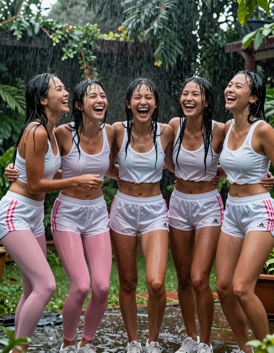 A cinematic, highly detailed wide shot of five attractive young adult European women, including Vanessa Mai, performing synchronized gymnastics in a lush garden during a heavy downpour. All women have sun-tanned skin, glowing and glistening with heavy rain, their hair soaked and clinging to their faces. They are wearing thin, skin-tight pink leggings under bright white Adidas satin sport shorts, paired with matching white satin tops and sporty sneakers. The fabric of their clothing is visibly saturated, clinging to their bodies, with dark, wet patches and heavy folds that highlight their forms. The women are laughing and joyful, fully embracing the rain as water cascades over their bodies, creating intense specular reflections and a wet sheen on their skin. The lighting is natural, moody, and atmospheric, capturing the splashing water and the texture of the wet garden foliage. Photorealistic, 8k resolution, high contrast, sharp focus on the wet textures and joyful expressions.