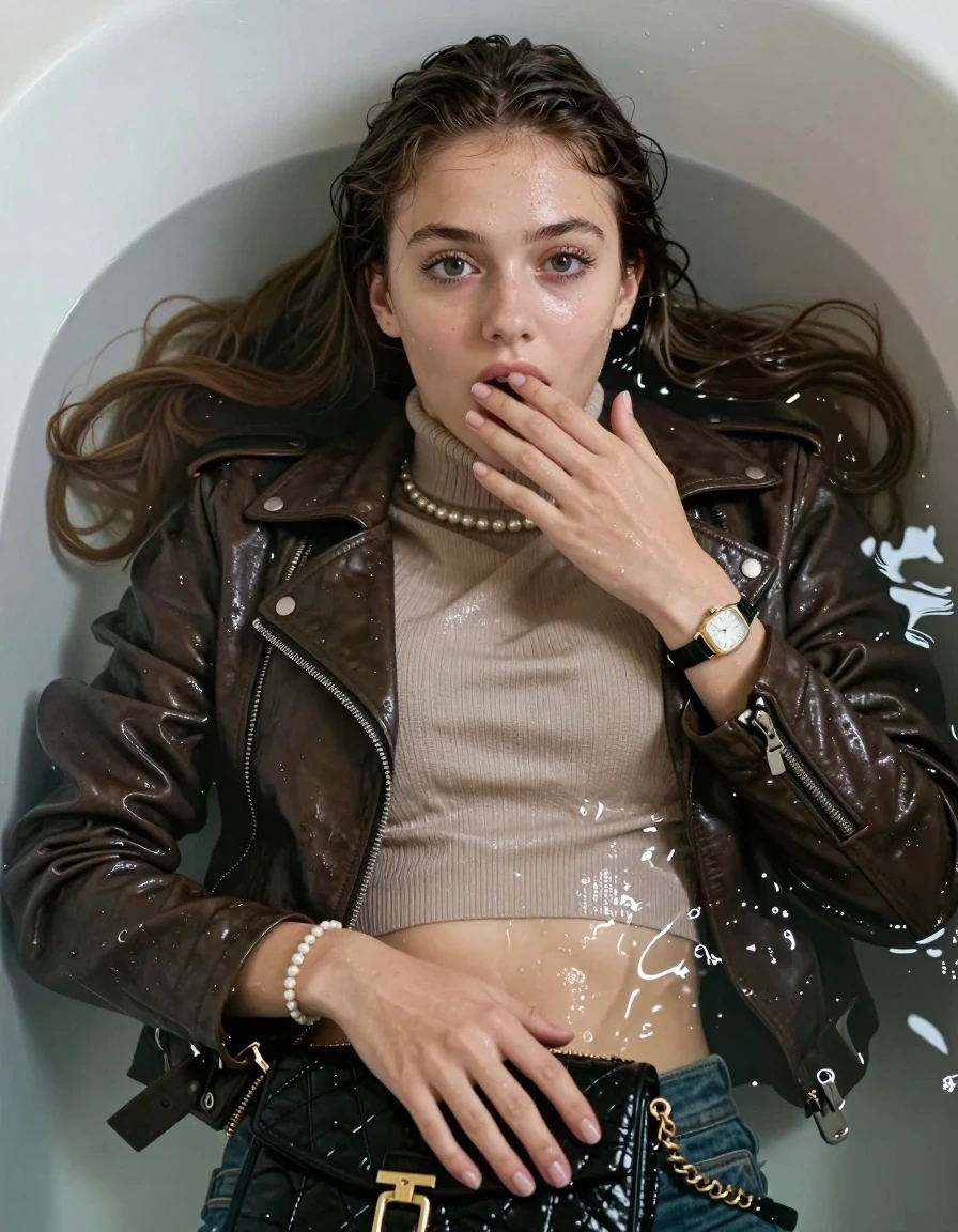 photo of young woman, in soaking wet, drenched clothes,
, , Biker leatherjacket, Tight knit turtleneck sweater belly free, handbag, pearl necklace, bracelet, wristwatch, lying down in a deep bath with soapy water covering breasts, 
enjoying, wet clothes stuck to body,
detailed textures of the wet clothes, wet face, wet plastered hair,
wet, drenched, professional, high-quality details, full body view.
sharp focus, ultra-high pixel detail, realistic, high-quality, full colors, incredibly detailed, 4k, 8k, 16k, hyper-realistic, RAW photo, masterpiece, ultra-detailed, professionally color graded, professional photograph, sleek long straight hair

19 years old  teenage girl

Only head and shoulders are over the surface visible. Open mouth, big eyes. Looking at camera. Hold her hand over her mouth.

The girls wear different clothes.

she is completely underwater up to her neck, surprised and astonished expression. 

her submerged clothes are hardly vusible under water, she soaked her handbag into the water

her clothing is soaking wet and clinging tightly to her skin, showing heavy wet folds, darkened fabric texture, and deep water-saturated Patches, her clothes are heavy from the water, water runs from her body and her clothes in streams. A lot of water also runs out of her clothes. Her clothes are darkened by the water. Her submerged clothes are good visible under the water.  she soaked her handbag into the water.

close up view, wet skin, wet clothes, wet hair, damp fabric, water runs down the clothes, wet skin, wet clothes, damp fabric. cinematic medium shot, hyper-realistic wetness, high-contrast water sheen, sharp focus, 16k resolution, professional photography, realistic water physics., wet skin, wet clothes, damp fabric, wet skin, wet clothes, damp fabric