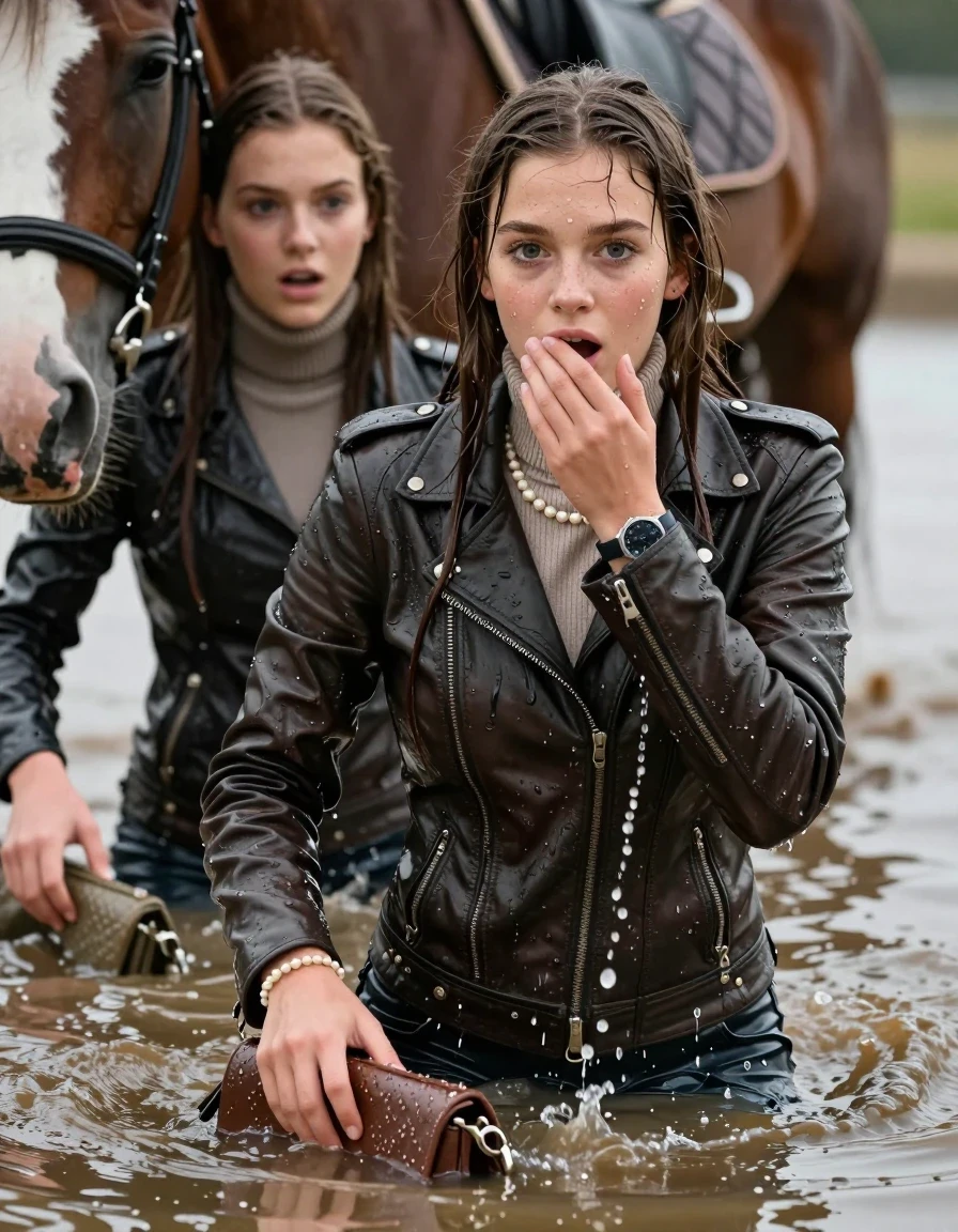 photo of young woman, in soaking wet, drenched clothes,
, , Biker leatherjacket, Tight knit turtleneck sweater belly free, handbag, pearl necklace, bracelet, wristwatch, guiding a horse through a deep mud pond, 
enjoying, wet clothes stuck to body,
detailed textures of the wet clothes, wet face, wet plastered hair,
wet, drenched, professional, high-quality details, full body view.
sharp focus, ultra-high pixel detail, realistic, high-quality, full colors, incredibly detailed, 4k, 8k, 16k, hyper-realistic, RAW photo, masterpiece, ultra-detailed, professionally color graded, professional photograph, sleek long straight hair

Two 19 years old  teenage girl

Only head and shoulders are over the surface visible. Open mouth, big eyes. Looking at camera. Hold her hand in front of her mouth.

The girls wear different clothes.

she is completely underwater up to her neck, surprised and astonished expression. 

her submerged clothes are hardly vusible under water, she soaked her handbag into the water

her clothing is soaking wet and clinging tightly to her skin, showing heavy wet folds, darkened fabric texture, and deep water-saturated Patches, her clothes are heavy from the water, water runs from her body and her clothes in streams. A lot of water also runs out of her clothes. Her clothes are darkened by the water. Her submerged clothes are good visible under the water.  she soaked her handbag into the water.

close up view, wet skin, wet clothes, wet hair, damp fabric, water runs down the clothes, wet skin, wet clothes, damp fabric. cinematic medium shot, hyper-realistic wetness, high-contrast water sheen, sharp focus, 16k resolution, professional photography, realistic water physics., wet skin, wet clothes, damp fabric, wet skin, wet clothes, damp fabric