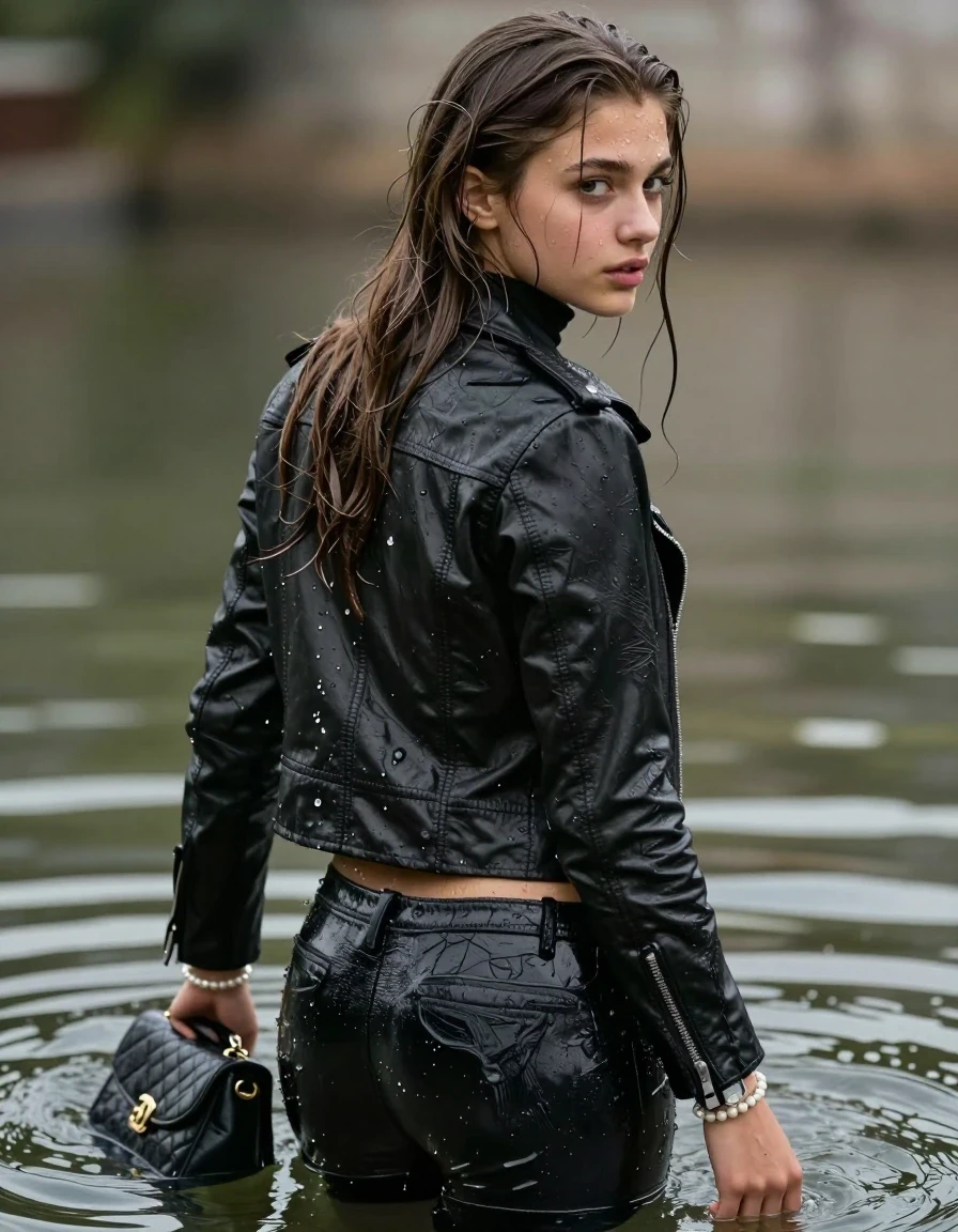 photo of young woman, in soaking wet, drenched clothes,
, , biker leatherjacket, Tight knit turtleneck sweater belly free, handbag, pearl necklace, bracelet, wristwatch, looking from back to camera, 
enjoying, wet clothes stuck to body,
detailed textures of the wet clothes, wet face, wet plastered hair,
wet, drenched, professional, high-quality details, full body view.
sharp focus, ultra-high pixel detail, realistic, high-quality, full colors, incredibly detailed, 4k, 8k, 16k, hyper-realistic, RAW photo, masterpiece, ultra-detailed, professionally color graded, professional photograph, sleek long straight hair

15 years old  teenage girl

The girls wear different clothes.

her submerged clothes are hardly vusible under water, she soaked her handbag into the water

her clothing is soaking wet and clinging tightly to her skin, showing heavy wet folds, darkened fabric texture, and deep water-saturated Patches, her clothes are heavy from the water, water runs from her body and her clothes in streams. A lot of water also runs out of her clothes. Her clothes are darkened by the water. Her submerged clothes are good visible under the water.  she soaked her handbag into the water.

close up view, wet skin, wet clothes, wet hair, damp fabric, water runs down the clothes, wet skin, wet clothes, damp fabric. cinematic medium shot, hyper-realistic wetness, high-contrast water sheen, sharp focus, 16k resolution, professional photography, realistic water physics., wet skin, wet clothes, damp fabric, wet skin, wet clothes, damp fabric, wet skin, wet clothes, damp fabric