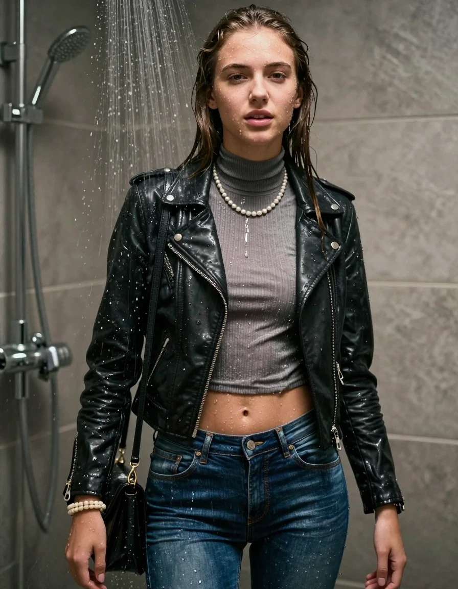 photo of young woman, in soaking wet, drenched clothes,
, tight skinny jeans, biker leatherjacket, Tight knit turtleneck sweater belly free, shoulderbag, pearl necklace, bracelet, wristwatch, soaked and seductive in the shower, 
enjoying, wet clothes stuck to body,
detailed textures of the wet clothes, wet face, wet plastered hair,
wet, drenched, professional, high-quality details, full body view.
sharp focus, ultra-high pixel detail, realistic, high-quality, full colors, incredibly detailed, 4k, 8k, 16k, hyper-realistic, RAW photo, masterpiece, ultra-detailed, professionally color graded, professional photograph, sleek long straight hair

15 years old  teenage girl, shy and awkward, but she giggles anyway.


The girls wear different clothes.

her submerged clothes are hardly vusible under water, she soaked her handbag into the water

her clothing is soaking wet and clinging tightly to her skin, showing heavy wet folds, darkened fabric texture, and deep water-saturated Patches, her clothes are heavy from the water, water runs from her body and her clothes in streams. A lot of water also runs out of her clothes. Her clothes are darkened by the water. Her submerged clothes are good visible under the water.  she soaked her handbag into the water.

close up view, wet skin, wet clothes, wet hair, damp fabric, water runs down the clothes, wet skin, wet clothes, damp fabric. cinematic medium shot, hyper-realistic wetness, high-contrast water sheen, sharp focus, 16k resolution, professional photography, realistic water physics., wet skin, wet clothes, damp fabric, wet skin, wet clothes, damp fabric, wet skin, wet clothes, damp fabric