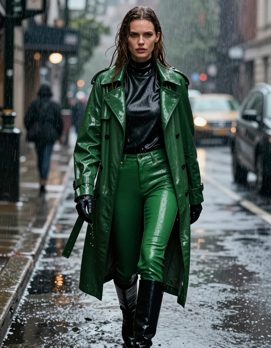 A photorealistic full-body shot of a young adult European woman with long, dripping wet brown hair, walking through a torrential downpour. She is wearing an oversize black leather polar neck shirt, a vibrant green leather trench coat, and skin-tight green leather jeans. The leather garments are heavily drenched, exhibiting deep, saturated tones, heavy folds, and a high-gloss specular sheen with water cascading off the surfaces. She wears black leather gloves on both hands and black leather knee-high boots. Her skin is glistening with rain, with water droplets clinging to her face and limbs. The atmosphere is dark and moody, set in a rain-slicked city street at night with heavy rainfall, water pooling on the ground, and cinematic wet-look textures. The lighting is dramatic, highlighting the saturated colors and the reflective, clinging nature of the wet leather. Exclude nudity, ensure clean anatomy, avoid any non-human features, and maintain a realistic, high-fidelity photographic style.