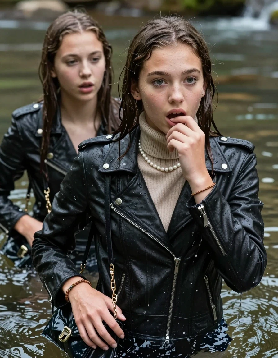 photo of young woman, in soaking wet, drenched clothes,
, , Biker leatherjacket, Tight knit turtleneck sweater belly free, handbag, pearl necklace, bracelet, wristwatch, swimming in the river, 
enjoying, wet clothes stuck to body,
detailed textures of the wet clothes, wet face, wet plastered hair,
wet, drenched, professional, high-quality details, full body view.
sharp focus, ultra-high pixel detail, realistic, high-quality, full colors, incredibly detailed, 4k, 8k, 16k, hyper-realistic, RAW photo, masterpiece, ultra-detailed, professionally color graded, professional photograph, sleek long straight hair

Two 15 years old  teenage girl

Only head and shoulders are over the surface visible. Open mouth, big eyes. Looking at camera. Hold her hand in front of her chin.

The girls wear different clothes.

she is completely underwater up to her neck, surprised and astonished expression. 

her submerged clothes are hardly vusible under water, she soaked her handbag into the water

her clothing is soaking wet and clinging tightly to her skin, showing heavy wet folds, darkened fabric texture, and deep water-saturated Patches, her clothes are heavy from the water, water runs from her body and her clothes in streams. A lot of water also runs out of her clothes. Her clothes are darkened by the water. Her submerged clothes are good visible under the water.  she soaked her handbag into the water.

close up view, wet skin, wet clothes, wet hair, damp fabric, water runs down the clothes, wet skin, wet clothes, damp fabric. cinematic medium shot, hyper-realistic wetness, high-contrast water sheen, sharp focus, 8k resolution, professional photography, realistic water physics., wet skin, wet clothes, damp fabric, wet skin, wet clothes, damp fabric