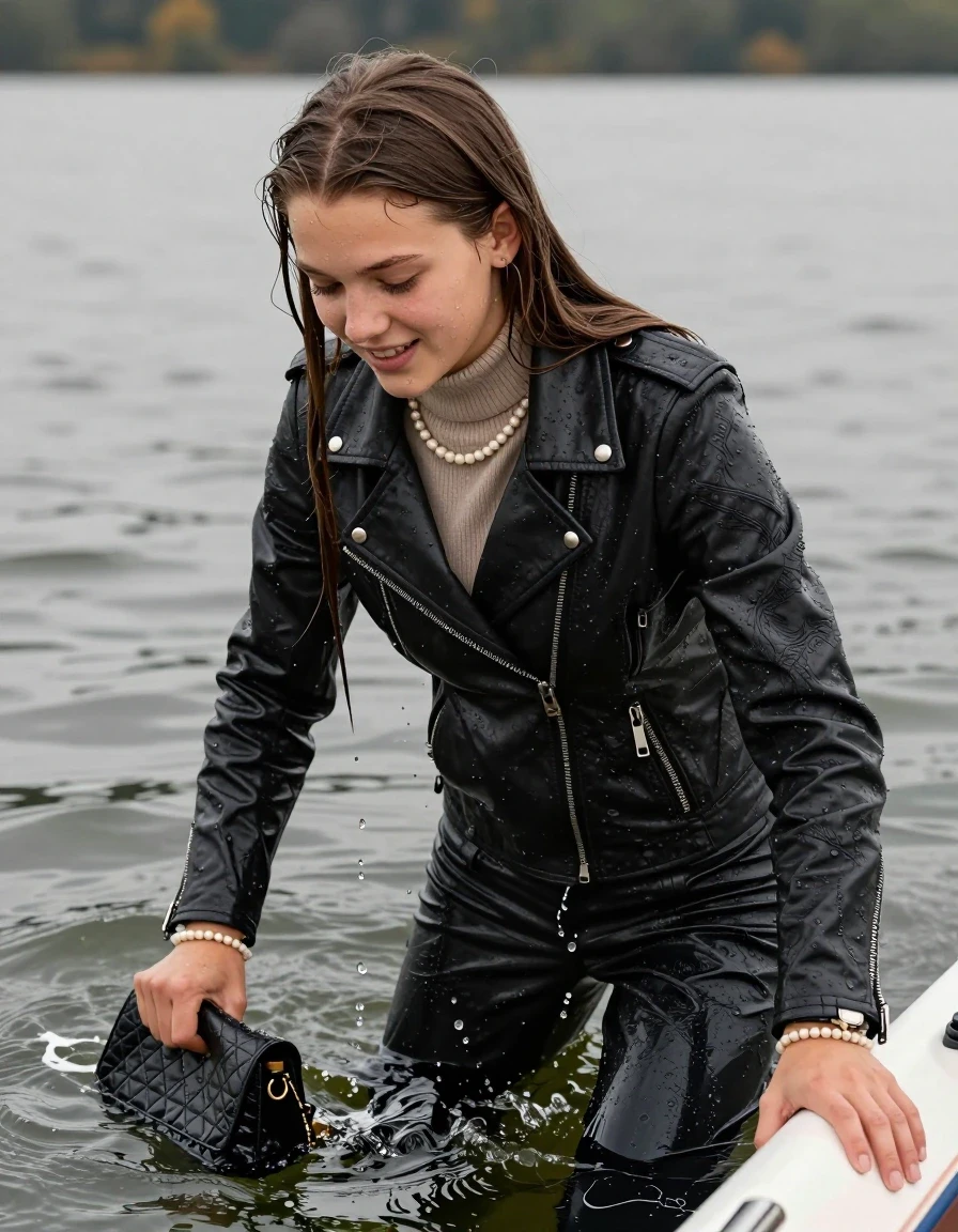 photo of young woman, in soaking wet, drenched clothes,
, , biker leatherjacket, Tight knit turtleneck sweater belly free, handbag, pearl necklace, bracelet, wristwatch, climbing back into a boat out of the lake, 
enjoying, wet clothes stuck to body,
detailed textures of the wet clothes, wet face, wet plastered hair,
wet, drenched, professional, high-quality details, full body view.
sharp focus, ultra-high pixel detail, realistic, high-quality, full colors, incredibly detailed, 4k, 8k, 16k, hyper-realistic, RAW photo, masterpiece, ultra-detailed, professionally color graded, professional photograph, sleek long straight hair

15 years old  teenage girl, shy and awkward, but she giggles anyway.


The girls wear different clothes.

her submerged clothes are hardly vusible under water, she soaked her handbag into the water

her clothing is soaking wet and clinging tightly to her skin, showing heavy wet folds, darkened fabric texture, and deep water-saturated Patches, her clothes are heavy from the water, water runs from her body and her clothes in streams. A lot of water also runs out of her clothes. Her clothes are darkened by the water. Her submerged clothes are good visible under the water.  she soaked her handbag into the water.

close up view, wet skin, wet clothes, wet hair, damp fabric, water runs down the clothes, wet skin, wet clothes, damp fabric. cinematic medium shot, hyper-realistic wetness, high-contrast water sheen, sharp focus, 16k resolution, professional photography, realistic water physics., wet skin, wet clothes, damp fabric, wet skin, wet clothes, damp fabric, wet skin, wet clothes, damp fabric