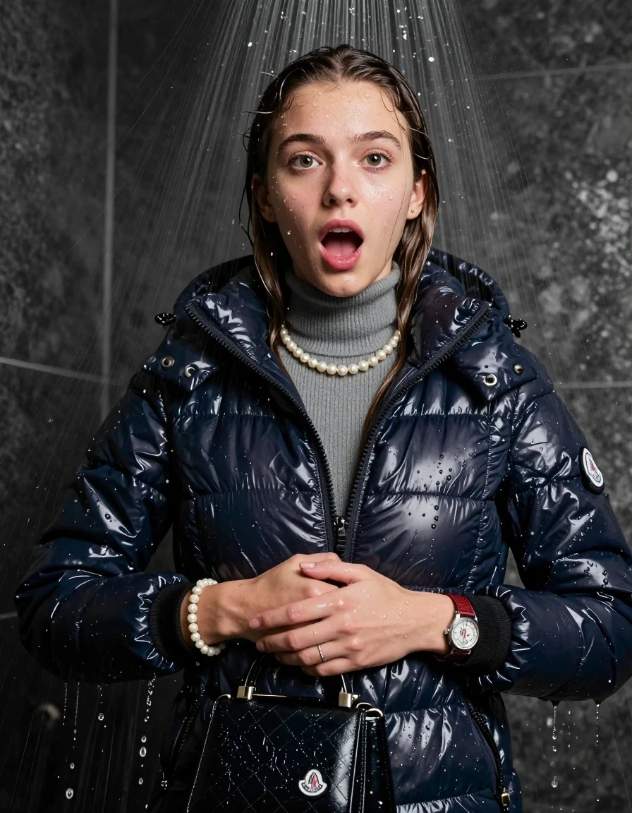 photo of young woman, in soaking wet, drenched clothes,
, , moncler shiny puffer down jacket, Tight knit turtleneck sweater belly free, handbag, pearl necklace, bracelet, wristwatch, soaked and in ecstacy in the shower, 
enjoying, wet clothes stuck to body,
detailed textures of the wet clothes, wet face, wet plastered hair,
wet, drenched, professional, high-quality details, full body view.
sharp focus, ultra-high pixel detail, realistic, high-quality, full colors, incredibly detailed, 4k, 8k, 16k, hyper-realistic, RAW photo, masterpiece, ultra-detailed, professionally color graded, professional photograph, sleek long straight hair

19 years old  teenage girl

Only head and shoulders are over the surface visible. Open mouth, big eyes. Looking at camera. 

The girls wear different clothes.

shocked and astonished expression. 

her submerged clothes are hardly vusible under water, she soaked her handbag into the water

her clothing is soaking wet and clinging tightly to her skin, showing heavy wet folds, darkened fabric texture, and deep water-saturated Patches, her clothes are heavy from the water, water runs from her body and her clothes in streams. A lot of water also runs out of her clothes. Her clothes are darkened by the water. Her submerged clothes are good visible under the water.  she soaked her handbag into the water.

close up view, wet skin, wet clothes, wet hair, damp fabric, water runs down the clothes, wet skin, wet clothes, damp fabric. cinematic medium shot, hyper-realistic wetness, high-contrast water sheen, sharp focus, 16k resolution, professional photography, realistic water physics., wet skin, wet clothes, damp fabric, wet skin, wet clothes, damp fabric, wet skin, wet clothes, damp fabric
