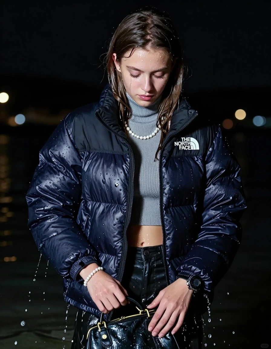photo of young woman, in soaking wet, drenched clothes,
, , north face puffer down jacket, Tight knit turtleneck sweater belly free, handbag, pearl necklace, bracelet, wristwatch, late night dark time, 
enjoying, wet clothes stuck to body,
detailed textures of the wet clothes, wet face, wet plastered hair,
wet, drenched, professional, high-quality details, full body view.
sharp focus, ultra-high pixel detail, realistic, high-quality, full colors, incredibly detailed, 4k, 8k, 16k, hyper-realistic, RAW photo, masterpiece, ultra-detailed, professionally color graded, professional photograph, sleek long straight hair

15 years old  teenage girl

The girls wear different clothes.

her submerged clothes are hardly vusible under water, she soaked her handbag into the water

her clothing is soaking wet and clinging tightly to her skin, showing heavy wet folds, darkened fabric texture, and deep water-saturated Patches, her clothes are heavy from the water, water runs from her body and her clothes in streams. A lot of water also runs out of her clothes. Her clothes are darkened by the water. Her submerged clothes are good visible under the water.  she soaked her handbag into the water.

close up view, wet skin, wet clothes, wet hair, damp fabric, water runs down the clothes, wet skin, wet clothes, damp fabric. cinematic medium shot, hyper-realistic wetness, high-contrast water sheen, sharp focus, 16k resolution, professional photography, realistic water physics., wet skin, wet clothes, damp fabric, wet skin, wet clothes, damp fabric, wet skin, wet clothes, damp fabric