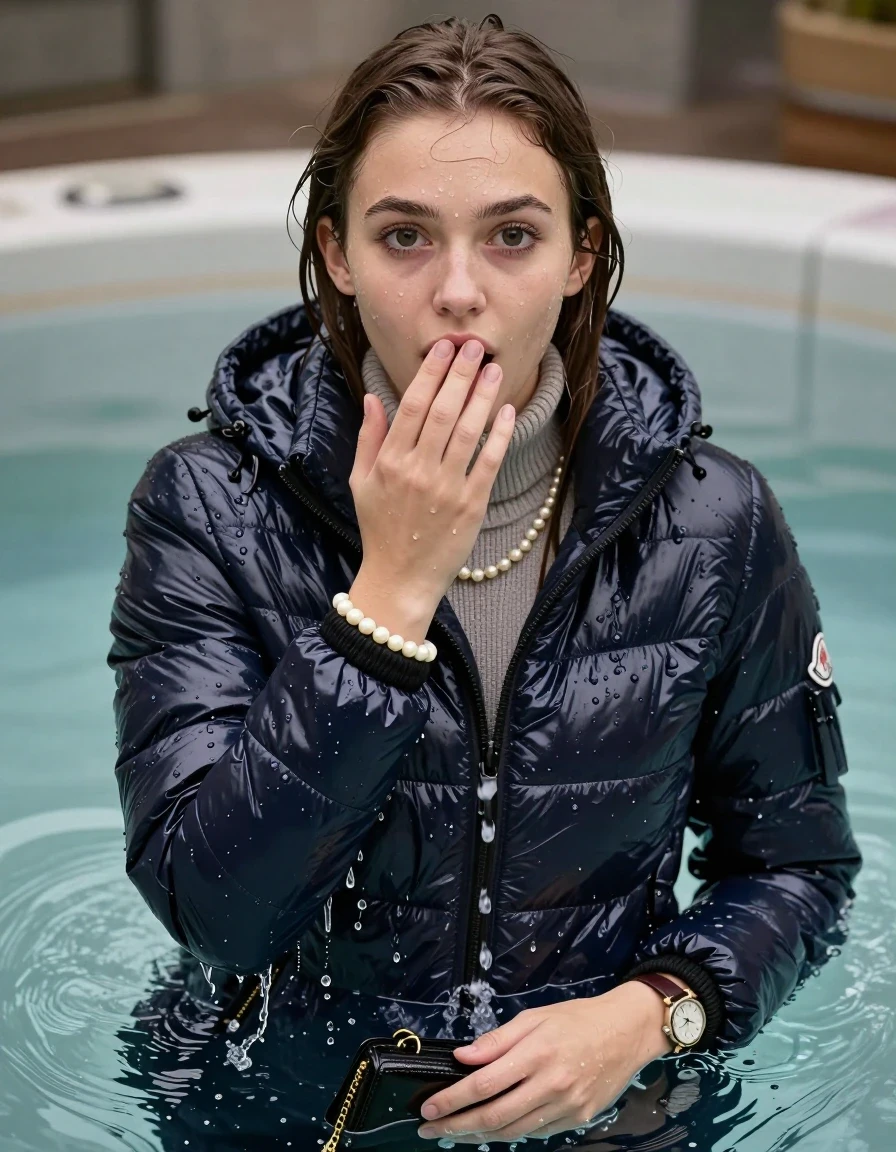 photo of young woman, in soaking wet, drenched clothes,
, , moncler shiny puffer down jacket, Tight knit turtleneck sweater belly free, handbag, pearl necklace, bracelet, wristwatch, soaking wet in hot tube, 
enjoying, wet clothes stuck to body,
detailed textures of the wet clothes, wet face, wet plastered hair,
wet, drenched, professional, high-quality details, full body view.
sharp focus, ultra-high pixel detail, realistic, high-quality, full colors, incredibly detailed, 4k, 8k, 16k, hyper-realistic, RAW photo, masterpiece, ultra-detailed, professionally color graded, professional photograph, sleek long straight hair

19 years old  teenage girl

Only head and shoulders are over the surface visible. Open mouth, big eyes. Looking at camera. Hold her hand on her mouth.

The girls wear different clothes.

shocked and astonished expression. 

her submerged clothes are hardly vusible under water, she soaked her handbag into the water

her clothing is soaking wet and clinging tightly to her skin, showing heavy wet folds, darkened fabric texture, and deep water-saturated Patches, her clothes are heavy from the water, water runs from her body and her clothes in streams. A lot of water also runs out of her clothes. Her clothes are darkened by the water. Her submerged clothes are good visible under the water.  she soaked her handbag into the water.

close up view, wet skin, wet clothes, wet hair, damp fabric, water runs down the clothes, wet skin, wet clothes, damp fabric. cinematic medium shot, hyper-realistic wetness, high-contrast water sheen, sharp focus, 16k resolution, professional photography, realistic water physics., wet skin, wet clothes, damp fabric, wet skin, wet clothes, damp fabric, wet skin, wet clothes, damp fabric