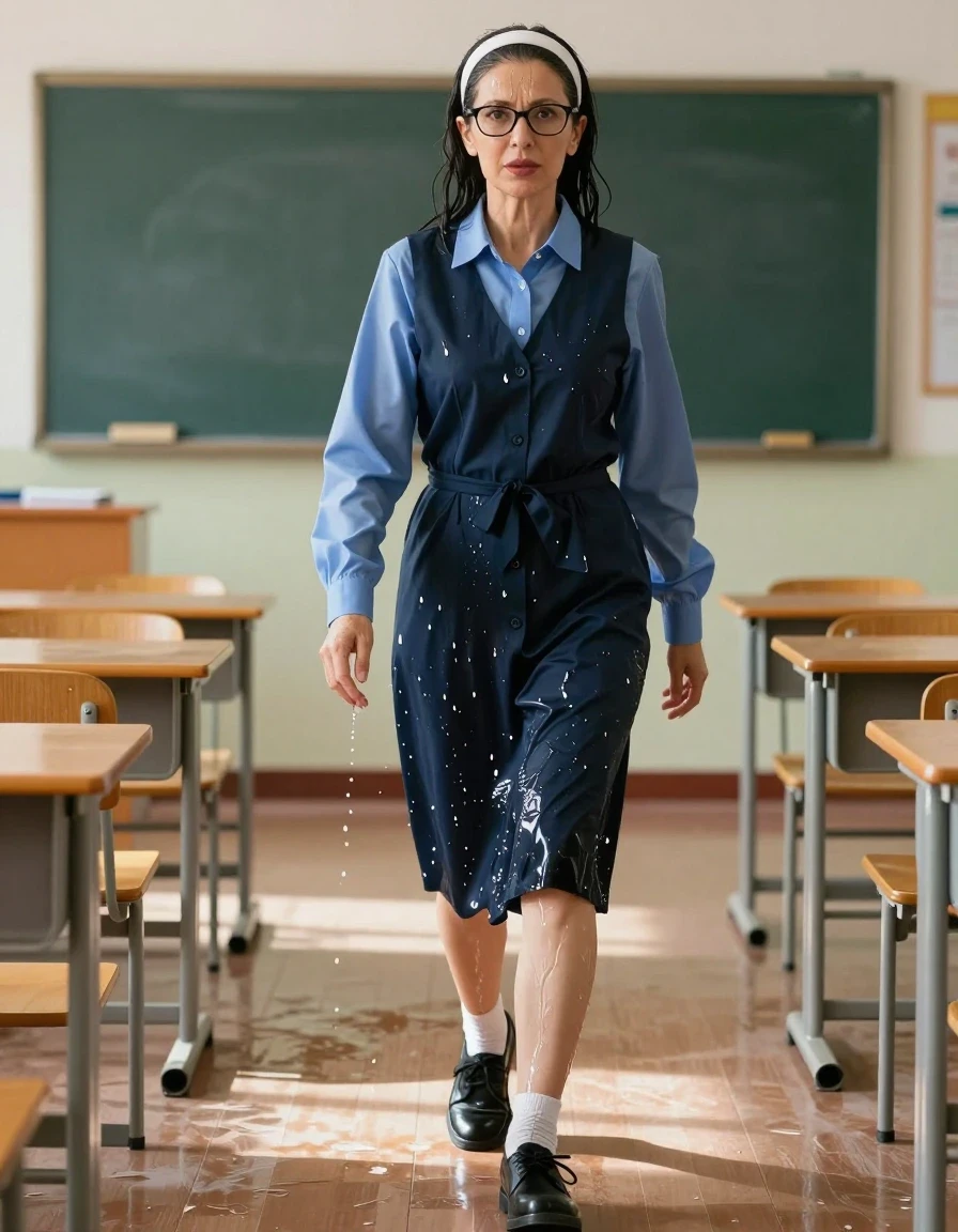 photo of young woman, in soaking wet, drenched clothes,
black shoes, white socks, DARK blue school pinafore over a blue long-sleeved shirt, DARK blue school pinafore over a blue long-sleeved shirt, walking after bath in sunny CLASSROOM, enjoying wet clothes stuck body, enjoying, wet clothes stuck to body, 
enjoying, wet clothes stuck to body,
detailed textures of the wet clothes, wet face, wet plastered hair,
wet, drenched, professional, high-quality details, full body view.
sharp focus, ultra-high pixel detail, realistic, high-quality, full colors, incredibly detailed, 4k, 8k, 16k, hyper-realistic, RAW photo, masterpiece, ultra-detailed, professionally color graded, professional photograph, europen brunette skinny woman 50 years old, long dark black hair, very big and thick lips,  office glasses, white headband, complete body, wet skin, wet clothes, damp fabric, wet skin, wet clothes, damp fabric, wet skin, wet clothes, damp fabric, wet skin, wet clothes, damp fabric, wet skin, wet clothes, damp fabric, wet skin, wet clothes, damp fabric, wet skin, wet clothes, damp fabric