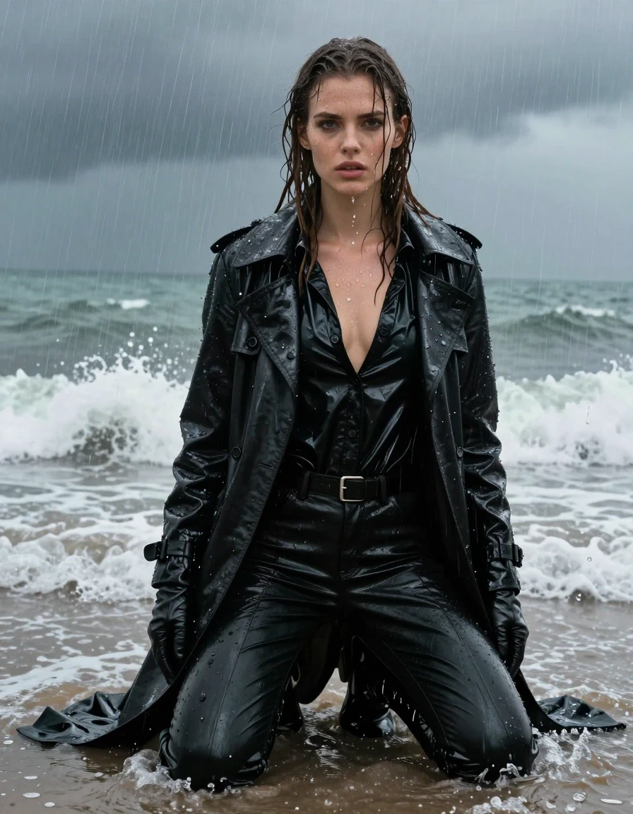 A stunning young adult European woman with long, dripping wet brown hair, kneeling in the crashing waves at a beach during a heavy rainstorm. She is wearing black leather jeans that are visibly saturated and clinging to her legs, paired with black leather knee-high boots. Her torso is covered by an oversize black vinyl polar neck shirt, layered under a long, heavy black vinyl trench coat that is slick with rain and water. She wears leather gloves on both hands. Her skin is drenched, with water droplets and a glossy sheen covering her face and arms. The clothing is heavily soaked, showing realistic weight, deep folds, and clinging textures from the intense downpour and ocean spray. The atmosphere is moody and cinematic with dark, stormy lighting reflecting off the wet surfaces of the vinyl and leather. High-resolution photography, 8k, hyper-realistic textures, sharp focus on the wet fabric details and water-slicked skin, realistic rain droplets, no nudity, fully clothed, modest attire.