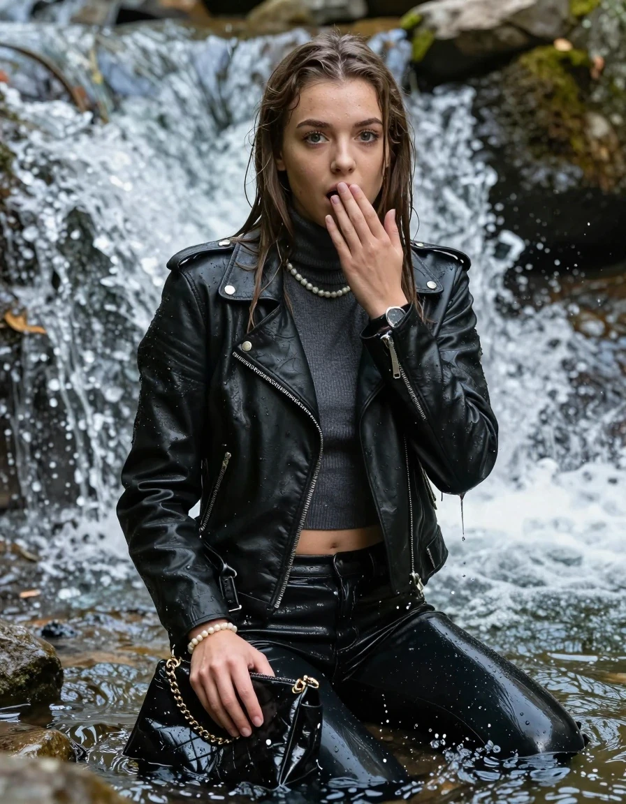 photo of young woman, in soaking wet, drenched clothes,
, , black Biker leatherjacket, Tight knit turtleneck sweater belly free, handbag, pearl necklace, bracelet, wristwatch, sitting in the waterfall of a fast flowing creek in the forest, 
enjoying, wet clothes stuck to body,
detailed textures of the wet clothes, wet face, wet plastered hair,
wet, drenched, professional, high-quality details, full body view.
sharp focus, ultra-high pixel detail, realistic, high-quality, full colors, incredibly detailed, 4k, 8k, 16k, hyper-realistic, RAW photo, masterpiece, ultra-detailed, professionally color graded, professional photograph, sleek long straight hair

15 years old  teenage girl

Only head and shoulders are over the surface visible. Open mouth, big eyes. Looking at camera. Hold her hand on her mouth.

The girls wear different clothes.

surprised and astonished expression. 

her submerged clothes are hardly vusible under water, she soaked her handbag into the water

her clothing is soaking wet and clinging tightly to her skin, showing heavy wet folds, darkened fabric texture, and deep water-saturated Patches, her clothes are heavy from the water, water runs from her body and her clothes in streams. A lot of water also runs out of her clothes. Her clothes are darkened by the water. Her submerged clothes are good visible under the water.  she soaked her handbag into the water.

close up view, wet skin, wet clothes, wet hair, damp fabric, water runs down the clothes, wet skin, wet clothes, damp fabric. cinematic medium shot, hyper-realistic wetness, high-contrast water sheen, sharp focus, 16k resolution, professional photography, realistic water physics., wet skin, wet clothes, damp fabric, wet skin, wet clothes, damp fabric