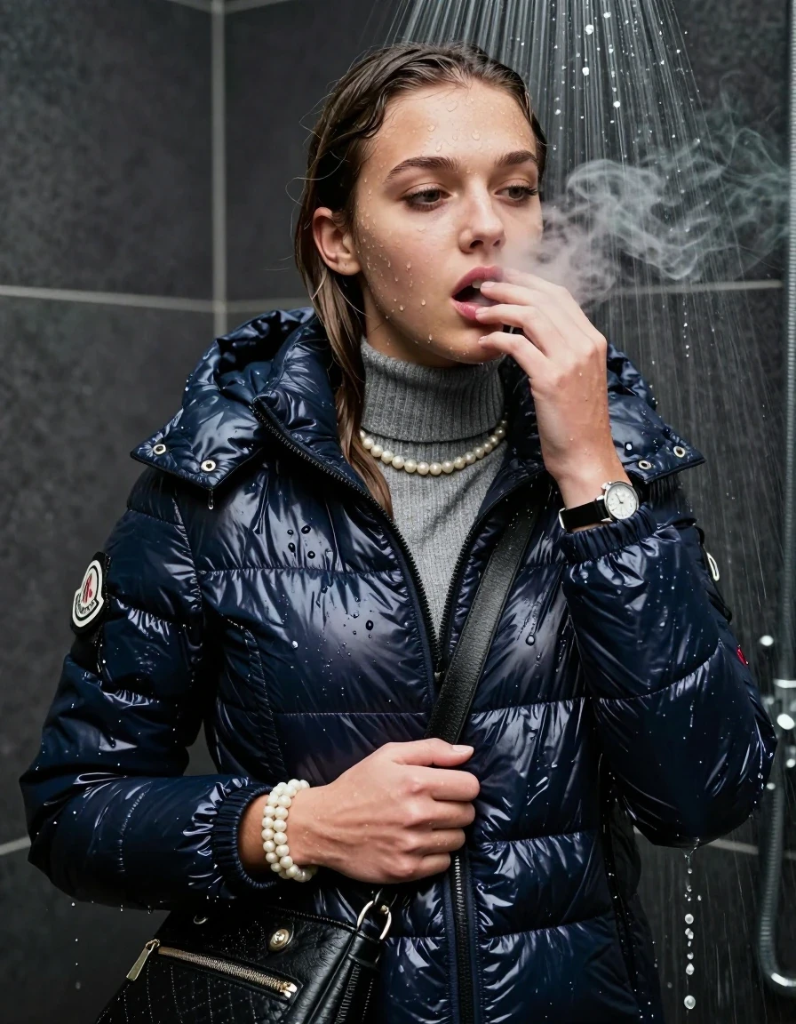 photo of young woman, in soaking wet, drenched clothes,
, , moncler shiny puffer down jacket, Tight knit turtleneck sweater belly free, handbag, pearl necklace, bracelet, wristwatch, soaked and in ecstacy in the shower Smoking, 
enjoying, wet clothes stuck to body,
detailed textures of the wet clothes, wet face, wet plastered hair,
wet, drenched, professional, high-quality details, full body view.
sharp focus, ultra-high pixel detail, realistic, high-quality, full colors, incredibly detailed, 4k, 8k, 16k, hyper-realistic, RAW photo, masterpiece, ultra-detailed, professionally color graded, professional photograph, sleek long straight hair

15 years old  teenage girl

Only head and shoulders are over the surface visible. Looking at camera. 

The girls wear different clothes.

shocked and astonished expression. 

her submerged clothes are hardly vusible under water, she soaked her handbag into the water

her clothing is soaking wet and clinging tightly to her skin, showing heavy wet folds, darkened fabric texture, and deep water-saturated Patches, her clothes are heavy from the water, water runs from her body and her clothes in streams. A lot of water also runs out of her clothes. Her clothes are darkened by the water. Her submerged clothes are good visible under the water.  she soaked her handbag into the water.

close up view, wet skin, wet clothes, wet hair, damp fabric, water runs down the clothes, wet skin, wet clothes, damp fabric. cinematic medium shot, hyper-realistic wetness, high-contrast water sheen, sharp focus, 16k resolution, professional photography, realistic water physics., wet skin, wet clothes, damp fabric, wet skin, wet clothes, damp fabric, wet skin, wet clothes, damp fabric, wet skin, wet clothes, damp fabric