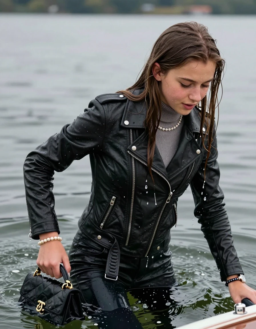 photo of young woman, in soaking wet, drenched clothes,
, , biker leatherjacket, Tight knit turtleneck sweater belly free, handbag, pearl necklace, bracelet, wristwatch, climbing back into a boat out of the lake, 
enjoying, wet clothes stuck to body,
detailed textures of the wet clothes, wet face, wet plastered hair,
wet, drenched, professional, high-quality details, full body view.
sharp focus, ultra-high pixel detail, realistic, high-quality, full colors, incredibly detailed, 4k, 8k, 16k, hyper-realistic, RAW photo, masterpiece, ultra-detailed, professionally color graded, professional photograph, sleek long straight hair

15 years old  teenage girl, shy and awkward, but she giggles anyway.


The girls wear different clothes.

her submerged clothes are hardly vusible under water, she soaked her handbag into the water

her clothing is soaking wet and clinging tightly to her skin, showing heavy wet folds, darkened fabric texture, and deep water-saturated Patches, her clothes are heavy from the water, water runs from her body and her clothes in streams. A lot of water also runs out of her clothes. Her clothes are darkened by the water. Her submerged clothes are good visible under the water.  she soaked her handbag into the water.

close up view, wet skin, wet clothes, wet hair, damp fabric, water runs down the clothes, wet skin, wet clothes, damp fabric. cinematic medium shot, hyper-realistic wetness, high-contrast water sheen, sharp focus, 16k resolution, professional photography, realistic water physics., wet skin, wet clothes, damp fabric, wet skin, wet clothes, damp fabric, wet skin, wet clothes, damp fabric