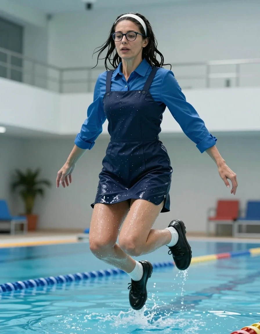 photo of young woman, in soaking wet, drenched clothes,
black shoes, white socks, DARK blue school pinafore over a blue long-sleeved shirt, DARK blue school pinafore over a blue long-sleeved shirt, jumping in indoor swimming pool, enjoying wet clothes stuck body, enjoying, wet clothes stuck to body, 
enjoying, wet clothes stuck to body,
detailed textures of the wet clothes, wet face, wet plastered hair,
wet, drenched, professional, high-quality details, full body view.
sharp focus, ultra-high pixel detail, realistic, high-quality, full colors, incredibly detailed, 4k, 8k, 16k, hyper-realistic, RAW photo, masterpiece, ultra-detailed, professionally color graded, professional photograph, europen brunette skinny woman 50 years old, long dark black hair, very big and thick lips,  office glasses, white headband, complete body, wet skin, wet clothes, damp fabric, wet skin, wet clothes, damp fabric, wet skin, wet clothes, damp fabric, wet skin, wet clothes, damp fabric, wet skin, wet clothes, damp fabric, wet skin, wet clothes, damp fabric, wet skin, wet clothes, damp fabric