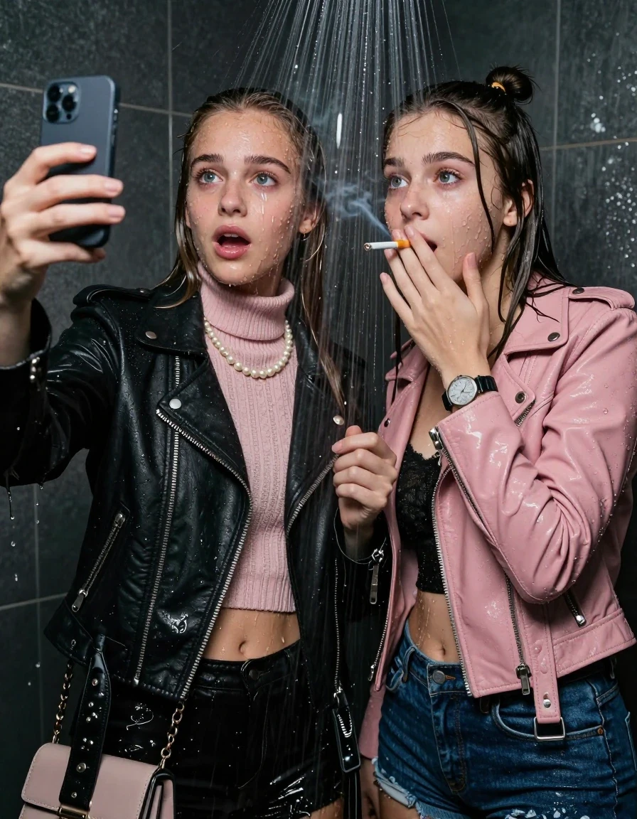 photo of young woman, in soaking wet, drenched clothes,
, , Black Biker leatherjacket and light pink leatherjacket, knit turtleneck sweater belly free, handbag, pearl necklace, bracelet, wristwatch, Under the shower, strong jet of water, party room, Smoking a cigarette , 
enjoying, wet clothes stuck to body,
detailed textures of the wet clothes, wet face, wet plastered hair,
wet, drenched, professional, high-quality details, full body view.
sharp focus, ultra-high pixel detail, realistic, high-quality, full colors, incredibly detailed, 4k, 8k, 16k, hyper-realistic, RAW photo, masterpiece, ultra-detailed, professionally color graded, professional photograph, sleek long straight hair and topknot

 two 15 years old  teenage girls

Only head and shoulders are over the surface visible. Open mouth, big eyes. Looking at camera. Hold her hand in front of her mouth. one girl take a selfie with her smartphone.

The girls wear different clothes.

she is completely underwater up to her neck, afraid and astonished expression. 

her clothing is soaking wet and clinging tightly to her skin, showing heavy wet folds, darkened fabric texture, and deep water-saturated Patches, her clothes are heavy from the water, water runs from her body and her clothes in streams. A lot of water also runs out of her clothes. Her clothes are darkened by the water. Her submerged clothes are good visible under the water.  she soaked her handbag into the water.

close up view, wet skin, wet clothes, wet hair, damp fabric, water runs down the clothes, wet skin, wet clothes, damp fabric. cinematic medium shot, hyper-realistic wetness, high-contrast water sheen, sharp focus, 16k resolution, professional photography, realistic water physics., wet skin, wet clothes, damp fabric, wet skin, wet clothes, damp fabric, wet skin, wet clothes, damp fabric, wet skin, wet clothes, damp fabric, wet skin, wet clothes, damp fabric, wet skin, wet clothes, damp fabric