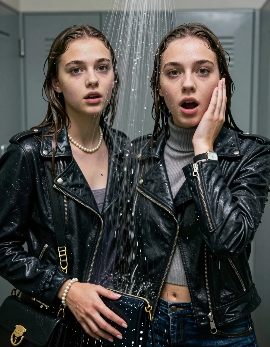 photo of young woman, in soaking wet, drenched clothes,
, , Biker leatherjacket, Tight knit turtleneck sweater belly free, handbag, pearl necklace, bracelet, wristwatch, Under the shower, strong jet of water, locker room, 
enjoying, wet clothes stuck to body,
detailed textures of the wet clothes, wet face, wet plastered hair,
wet, drenched, professional, high-quality details, full body view.
sharp focus, ultra-high pixel detail, realistic, high-quality, full colors, incredibly detailed, 4k, 8k, 16k, hyper-realistic, RAW photo, masterpiece, ultra-detailed, professionally color graded, professional photograph, sleek long straight hair

Two 15 years old  teenage girl

Only head and shoulders are over the surface visible. Open mouth, big eyes. Looking at camera. Hold her hand in front of her cheek.

The girls wear different clothes.

she is completely underwater up to her neck, surprised and astonished expression. 

her submerged clothes are hardly vusible under water, she soaked her handbag into the water

her clothing is soaking wet and clinging tightly to her skin, showing heavy wet folds, darkened fabric texture, and deep water-saturated Patches, her clothes are heavy from the water, water runs from her body and her clothes in streams. A lot of water also runs out of her clothes. Her clothes are darkened by the water. Her submerged clothes are good visible under the water.  she soaked her handbag into the water.

close up view, wet skin, wet clothes, wet hair, damp fabric, water runs down the clothes, wet skin, wet clothes, damp fabric. cinematic medium shot, hyper-realistic wetness, high-contrast water sheen, sharp focus, 8k resolution, professional photography, realistic water physics., wet skin, wet clothes, damp fabric, wet skin, wet clothes, damp fabric