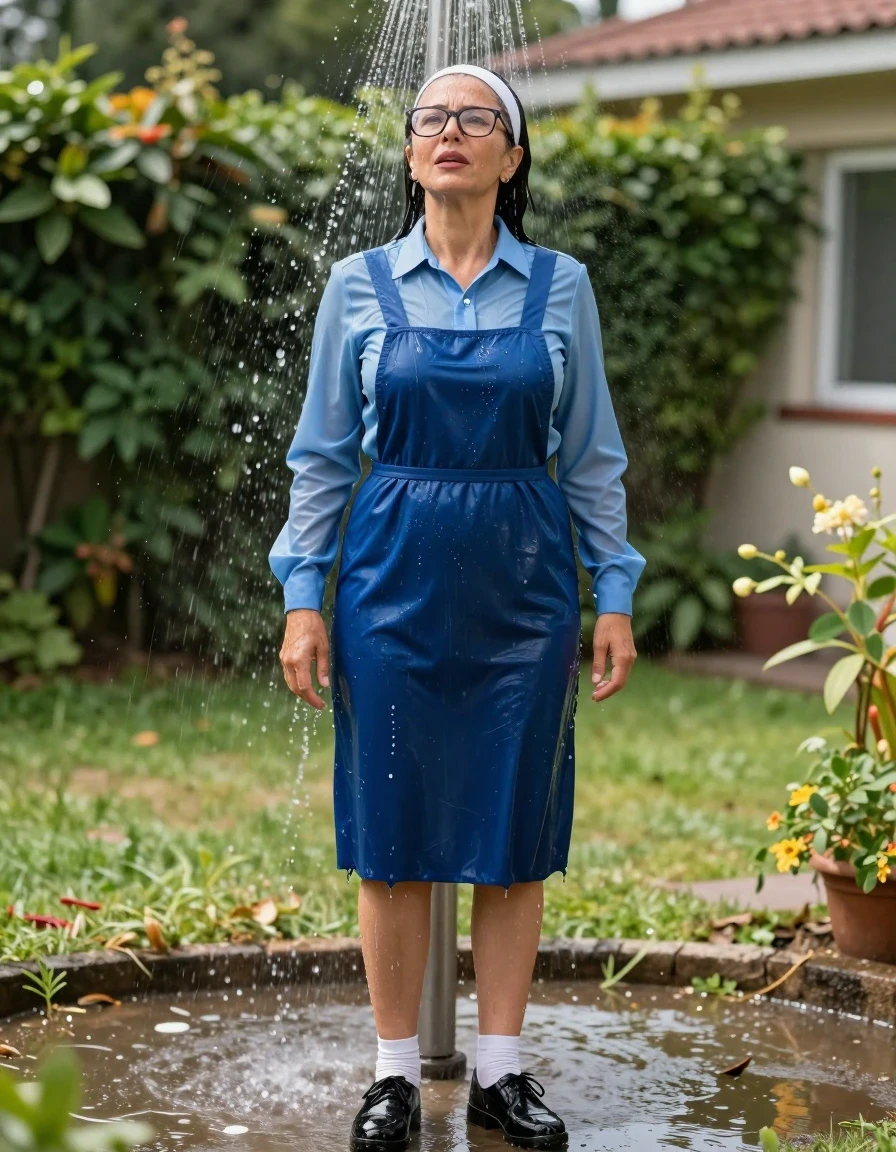 photo of young woman, in soaking wet, drenched clothes,
black shoes, white socks, blue school long pinafore over a blue long-sleeved shirt, blue school long pinafore over a blue long-sleeved shirt, shower in sunny school garden, enjoying wet clothes stuck body, enjoying, wet clothes stuck to body, 
enjoying, wet clothes stuck to body,
detailed textures of the wet clothes, wet face, wet plastered hair,
wet, drenched, professional, high-quality details, full body view.
sharp focus, ultra-high pixel detail, realistic, high-quality, full colors, incredibly detailed, 4k, 8k, 16k, hyper-realistic, RAW photo, masterpiece, ultra-detailed, professionally color graded, professional photograph, europen brunette skinny woman 50 years old, long dark black hair, very big and thick lips,  office glasses, white headband, complete body, wet skin, wet clothes, damp fabric, wet skin, wet clothes, damp fabric, wet skin, wet clothes, damp fabric, wet skin, wet clothes, damp fabric, wet skin, wet clothes, damp fabric, wet skin, wet clothes, damp fabric, wet skin, wet clothes, damp fabric