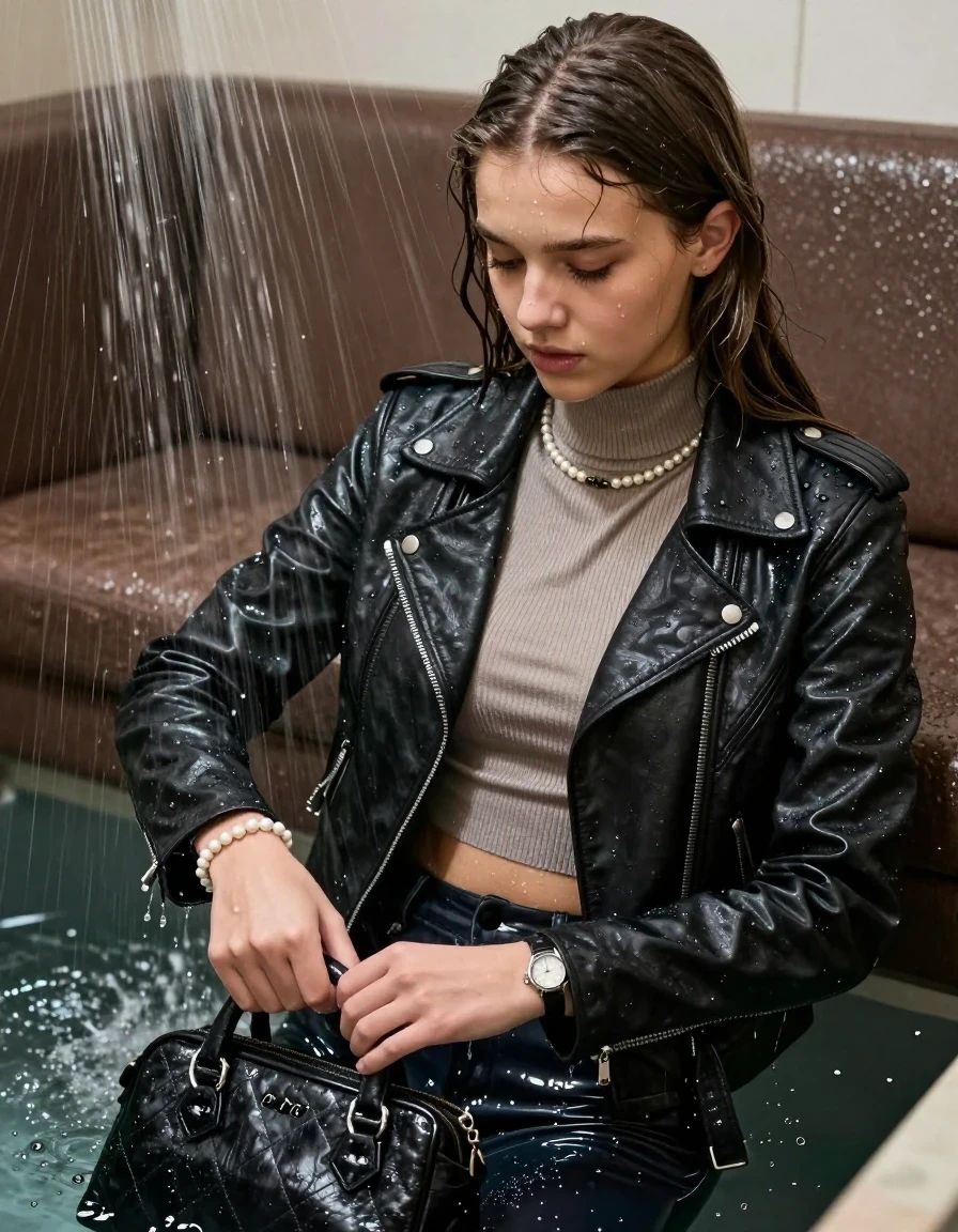 photo of young woman, in soaking wet, drenched clothes,
, , biker leatherjacket, Tight knit turtleneck sweater belly free, handbag, pearl necklace, bracelet, wristwatch, water filled wet room with a submerged brown couch under heavy sprinklers, 
enjoying, wet clothes stuck to body,
detailed textures of the wet clothes, wet face, wet plastered hair,
wet, drenched, professional, high-quality details, full body view.
sharp focus, ultra-high pixel detail, realistic, high-quality, full colors, incredibly detailed, 4k, 8k, 16k, hyper-realistic, RAW photo, masterpiece, ultra-detailed, professionally color graded, professional photograph, sleek long straight hair

15 years old  teenage girl

The girls wear different clothes.

her submerged clothes are hardly vusible under water, she soaked her handbag into the water

her clothing is soaking wet and clinging tightly to her skin, showing heavy wet folds, darkened fabric texture, and deep water-saturated Patches, her clothes are heavy from the water, water runs from her body and her clothes in streams. A lot of water also runs out of her clothes. Her clothes are darkened by the water. Her submerged clothes are good visible under the water.  she soaked her handbag into the water.

close up view, wet skin, wet clothes, wet hair, damp fabric, water runs down the clothes, wet skin, wet clothes, damp fabric. cinematic medium shot, hyper-realistic wetness, high-contrast water sheen, sharp focus, 16k resolution, professional photography, realistic water physics., wet skin, wet clothes, damp fabric, wet skin, wet clothes, damp fabric, wet skin, wet clothes, damp fabric