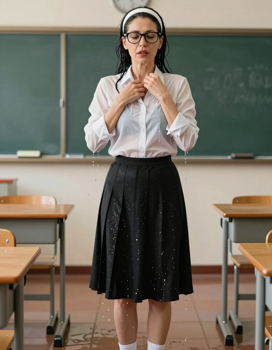 photo of young woman, in soaking wet, drenched clothes,
black shoes, white socks, long black flared school skirt, white shirt with long sleeves, after shower in classroom, enjoying wet clothes stuck body, enjoying, wet clothes stuck to body, 
enjoying, wet clothes stuck to body,
detailed textures of the wet clothes, wet face, wet plastered hair,
wet, drenched, professional, high-quality details, full body view.
sharp focus, ultra-high pixel detail, realistic, high-quality, full colors, incredibly detailed, 4k, 8k, 16k, hyper-realistic, RAW photo, masterpiece, ultra-detailed, professionally color graded, professional photograph, europen brunette skinny woman 50 years old, long dark black hair, very big and thick lips,  office glasses, white headband, complete body, wet skin, wet clothes, damp fabric, wet skin, wet clothes, damp fabric, wet skin, wet clothes, damp fabric, wet skin, wet clothes, damp fabric, wet skin, wet clothes, damp fabric, wet skin, wet clothes, damp fabric, wet skin, wet clothes, damp fabric