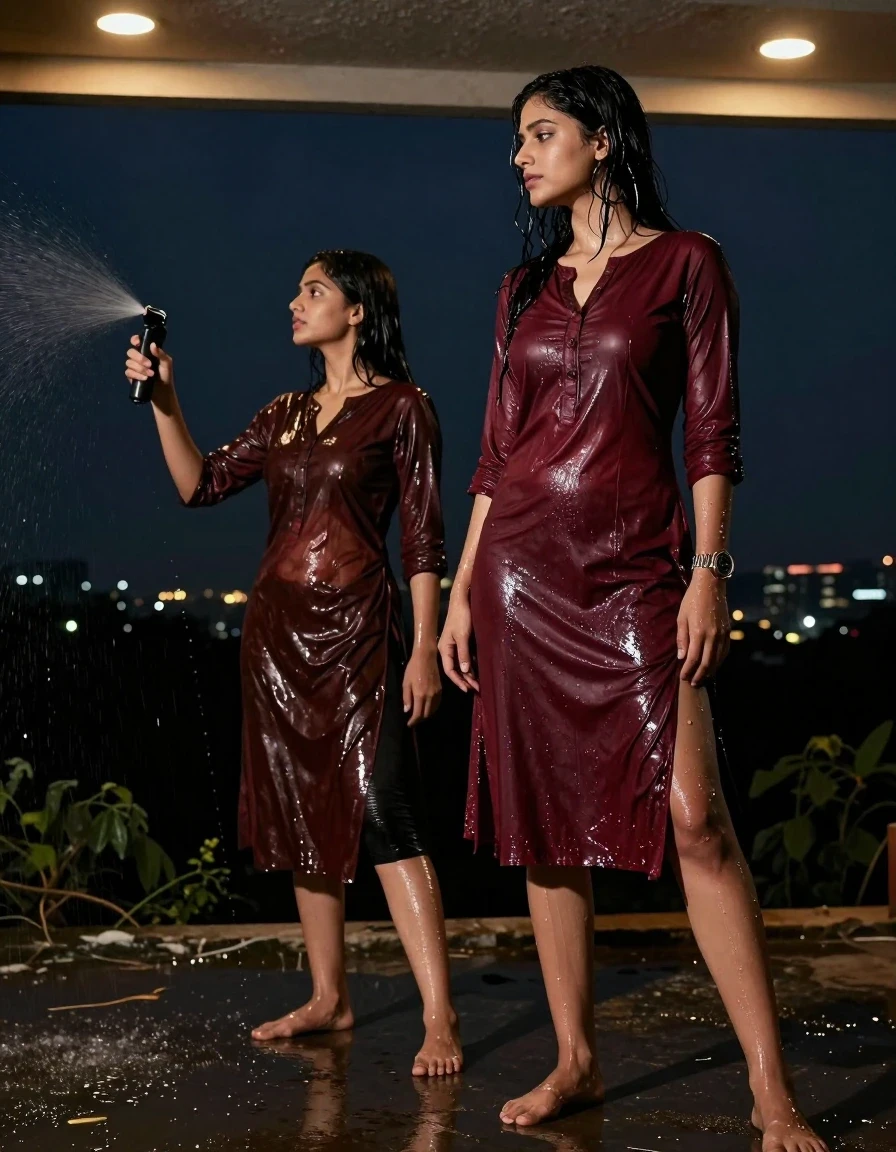 A photorealistic high-detail shot of two seductive young adult European women on a dark hilltop at night, overlooking a distant dark city. One woman stands while the other, named Lexxis, sprays water over her. The woman standing is wearing a burgundy traditional kurti, the fabric cut open in the middle, rendered as soaking-wet, clinging to her torso, darkened by saturation, with heavy wet folds and visible damp texture. She wears black panty underneath, also visibly wet. She is barefoot, with water droplets visible on her skin and hair. She wears a prominent metal strap divers watch on her wrist. The scene is illuminated exclusively by ceiling recessed warm spot lights, creating strong specular highlights on the wet skin and damp fabric. The atmosphere is moody and cinematic, emphasizing the contrast between the dark night sky and the focused warm lighting. No Indian models, no cartoonish features, no dry clothing, no sunlight.