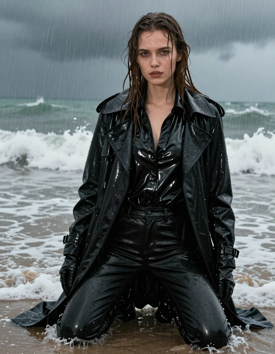 A photorealistic medium shot of a young adult European woman with long dripping wet brown hair, kneeling in the surf at a beach during a torrential downpour. She is wearing black leather jeans that are heavy with water, clinging to her legs with visible moisture-darkened texture, paired with black leather knee-high boots that have a slick, water-slicked surface. Her upper body is layered in an oversized black vinyl polar neck shirt with a high-gloss, mirror-like sheen, worn under a heavy black vinyl trench coat that is completely drenched, with water cascading off the hem. She wears tight-fitting black leather gloves on both hands. Her skin is glistening and wet, with rain droplets running down her face and neck. The environment is dark and stormy, with crashing ocean waves foaming around her knees. The lighting is moody and overcast, emphasizing the high-contrast specular highlights on the vinyl and wet hair. The image is strictly non-nude, focusing on detailed textures of soaking wet fabric, heavy folds, and the intense atmospheric conditions of the rain-drenched beach.