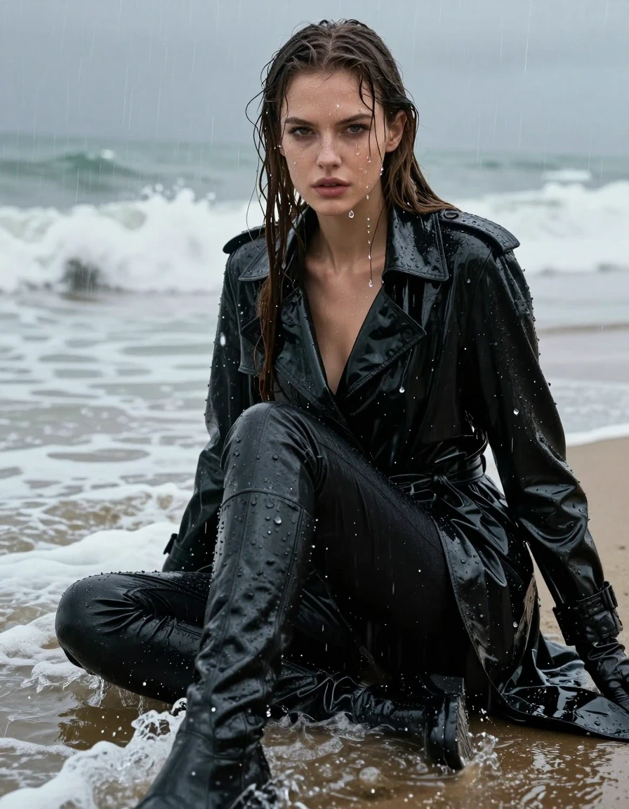 A photorealistic portrait of a young adult European woman with long, dripping wet brown hair, captured in heavy rain. She is sitting in the shallow waves at a beach, her skin glistening with water and rainwater streaming down her face. She is wearing a thick, oversize black vinyl polar neck shirt, a long black vinyl trench coat, and black leather gloves. Her legs are clad in black leather jeans, which are visibly soaked and clinging to her skin, showing heavy wet folds, deep sheen, and realistic texture from the seawater. She wears black leather knee-high boots that are partially submerged in the surf. The clothing is heavily drenched, with the vinyl and leather surfaces reflecting the gray, moody ambient light of the storm. The scene is captured with sharp focus on the wet textures and the rhythmic movement of the waves. High-contrast cinematic lighting, hyper-detailed skin pores, water droplets clinging to eyelashes and hair, atmospheric rain, realistic wet fabric physics, intense wet look, professional photography, 8k resolution, fully clothed, modest attire.