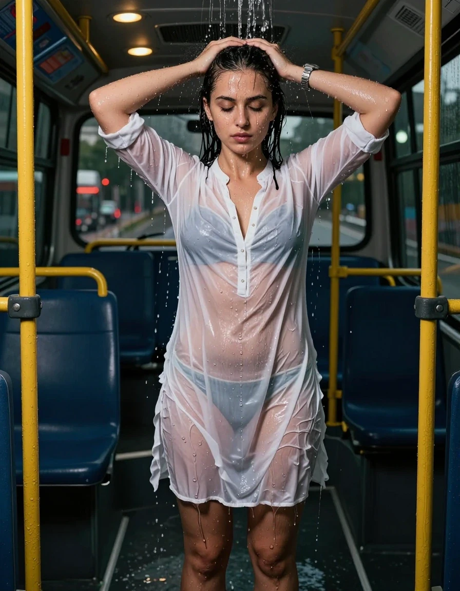 photo of young woman, in soaking wet, drenched clothes,
., , Minimalistic very short kurti, Bus , 
enjoying, wet clothes stuck to body,
detailed textures of the wet clothes, wet face, wet plastered hair,
wet, drenched, professional, high-quality details, full body view.
sharp focus, ultra-high pixel detail, realistic, high-quality, full colors, incredibly detailed, 4k, 8k, 16k, hyper-realistic, RAW photo, masterpiece, ultra-detailed, professionally color graded, professional photograph, A  woman standing in low floor bus, pouring water over her head . She is wearing a kurti , the fabric slightly wet . She's wearing a metal strap divers watch.Barefoot, with water droplets visible on her face, arms, and clothes. . The bus is lit with ceiling recessed warm spot lights as the only light source. Realistic photography style, high detail,, wet skin, wet clothes, damp fabric , the cloth is cut open in the middle fully exposing body and bra and panty, night dark city, wet skin, wet clothes, damp fabric