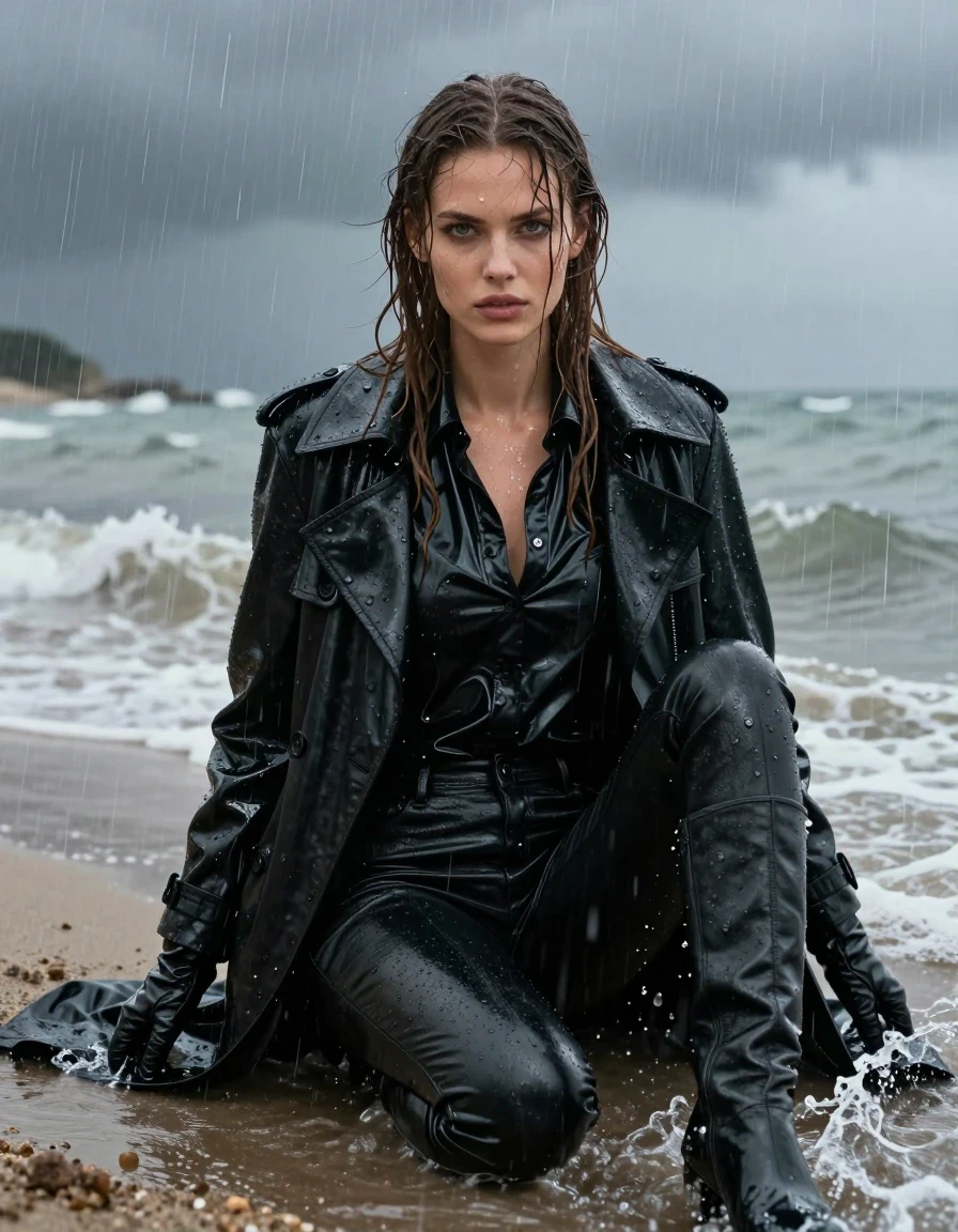 A photorealistic portrait of a young adult European woman with long dripping wet brown hair and glistening wet skin. She is wearing an oversize black vinyl polar neck shirt, a sleek black vinyl trench coat, black leather jeans, black leather knee-high boots, and black leather gloves on both hands. The clothing is heavily drenched, showing realistic water sheen, clinging fabric, and deep, saturated tones from the heavy downpour. She is sitting in the shallow waves at a beach during a storm, with heavy rain falling around her. The scene is captured with high-detail textures focusing on the contrast between the glossy vinyl, the smooth leather, and the damp skin. Professional photography, cinematic lighting, sharp focus on the subject, raindrops splashing on surfaces, atmospheric lighting, high contrast, 8k resolution, realistic water physics.