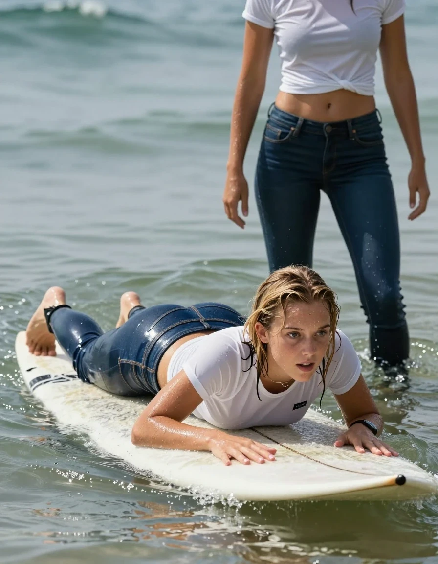 photo of young woman, in soaking wet, drenched clothes,
very tight dark blue jeans, white tight tshirt, no bra, lying prone on surfboard, 
enjoying, wet clothes stuck to body,
detailed textures of the wet clothes, wet face, wet plastered hair,
wet, drenched, professional, high-quality details, full body view.
sharp focus, ultra-high pixel detail, realistic, high-quality, full colors, incredibly detailed, 4k, 8k, 16k, hyper-realistic, RAW photo, masterpiece, ultra-detailed, professionally color graded, professional photograph, two thin teen girls with short blonde hair
One girl is lying prone on a surfboard in the ocean, wearing tight levis bluejeans.
The other girl is standing in the water beside the surfboard, holding it with her hand. She has a cropped tight t-shirt and exposed muscular abdomen, wet skin, wet clothes, damp fabric