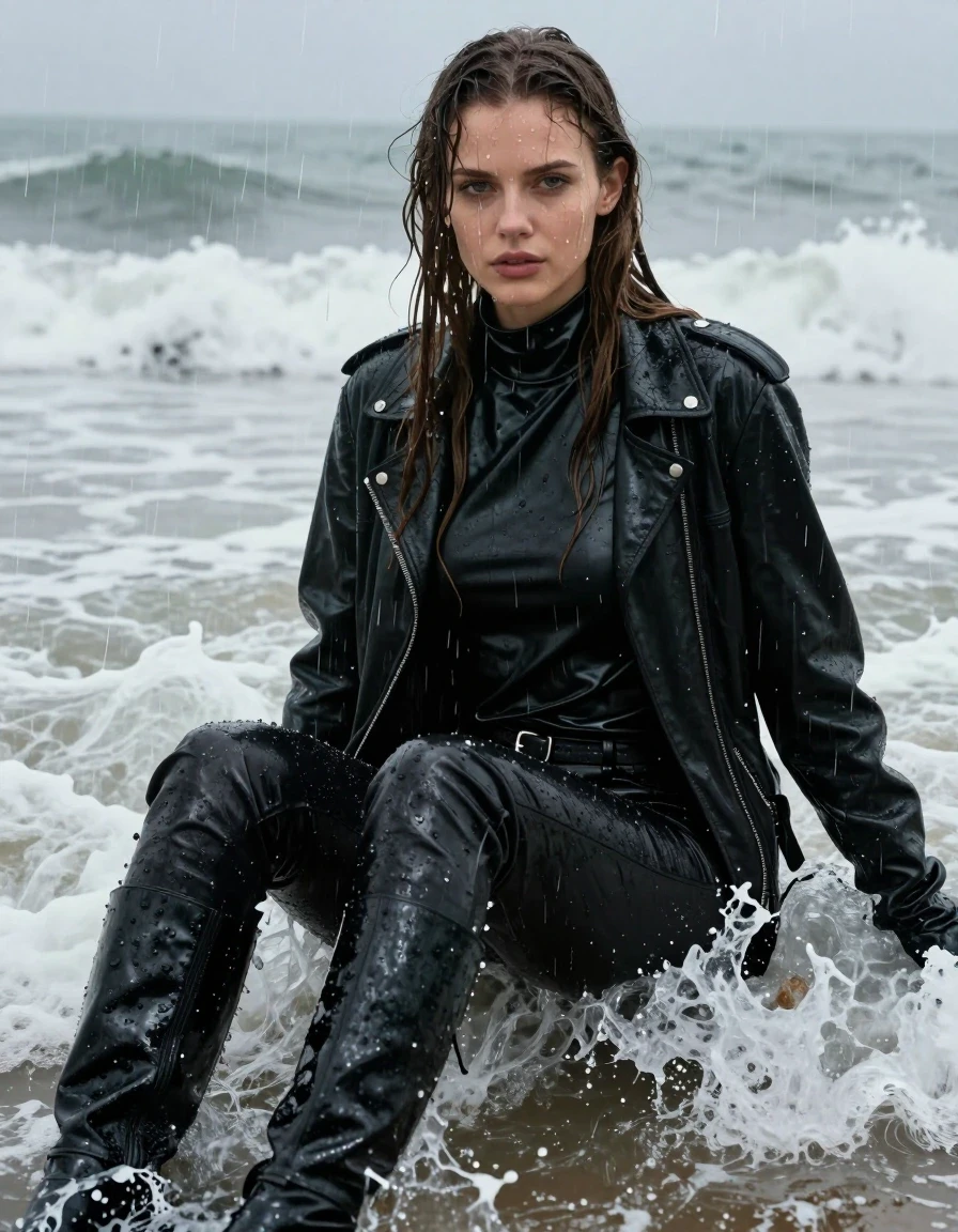 A photorealistic medium shot of a young adult European woman with long, dripping wet brown hair, captured in heavy rain at a beach. She is sitting directly in the crashing waves, her skin glistening with water and rainwater streaming down her face. She is wearing an oversize black vinyl turtleneck shirt layered under a black vinyl jacket, with black leather gloves on both hands. Her legs are clad in black leather jeans that are heavily drenched, showcasing a high-gloss wet sheen, water-saturated texture, and heavy clinging folds. She is wearing black leather knee-high boots that are slick and covered in ocean spray. The scene is defined by damp, clinging fabrics and a high-contrast wet atmosphere. The lighting is moody and cinematic, reflecting off the wet surfaces of the vinyl and leather, with ocean water swirling around her. The image maintains full coverage of the body with no nudity, focusing on the textures of wet leather and vinyl in a storm-swept coastal environment, 8k resolution, highly detailed skin pores, realistic water physics, sharp focus on fabric textures.