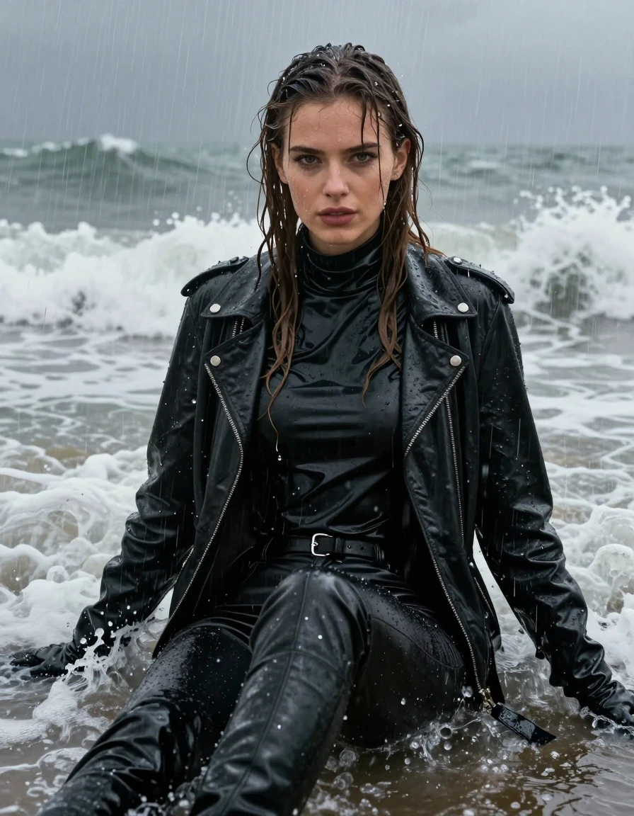 A photorealistic portrait of a young adult European woman with long, dripping wet brown hair, sitting in the crashing waves at a beach during a heavy downpour. She is wearing an oversize black vinyl turtleneck shirt layered under a glossy black vinyl jacket, with black leather jeans and black leather knee-high boots, and black leather gloves on both hands. Her skin is glistening with rain, and her clothes are visibly drenched, clinging to her frame with heavy folds and a high-sheen wet texture. The scene captures the raw intensity of the storm, with water cascading off her hair and garments. High-contrast lighting highlights the textures of the slick vinyl and the matte-but-wet leather. The composition is a medium shot focusing on the subject amidst the turbulent surf, with realistic water droplets, spray, and a dark, moody atmospheric environment. Fully clothed, modest attire, clean anatomy, no nudity.