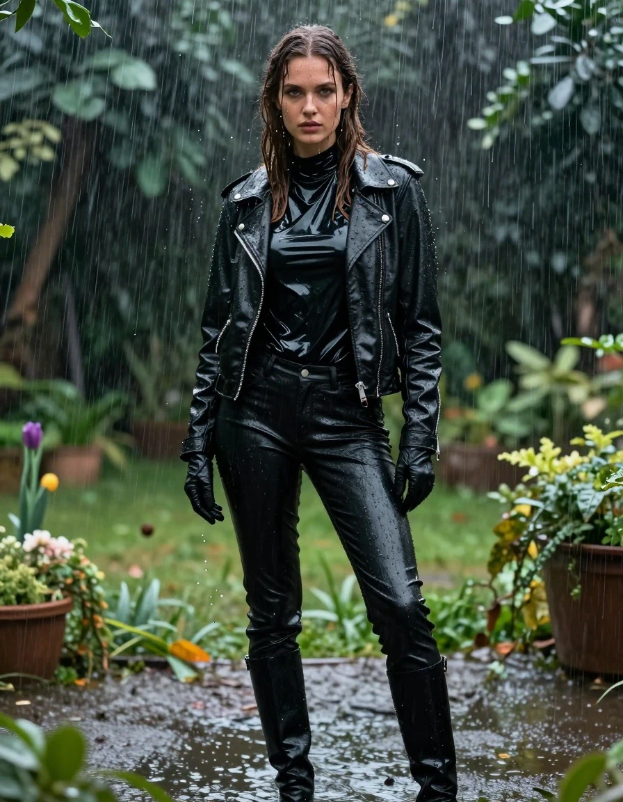 A hyper-realistic full-body portrait of a young adult European woman with long, dripping wet brown hair, standing in a lush garden during a torrential downpour. She is completely drenched, with water cascading down her face and skin, which has a realistic, glistening wet sheen. She is wearing an oversized black vinyl polar neck shirt that clings to her frame with high-gloss reflections, layered under a heavy, soaking-wet black biker leather jacket. Her hands are covered in tight, wet-look black leather gloves. She wears black leather jeans that are saturated with rainwater, showing heavy, dark folds and deep sheen where the water clings to the material. On her feet are sleek, black leather knee-high boots glistening with water. The environment is dark and atmospheric, with heavy rain visible in the air and water pooling on the ground, creating a moody, high-contrast scene. Photorealistic, 8k resolution, cinematic lighting, sharp focus on texture, water droplets, and fabric weight.